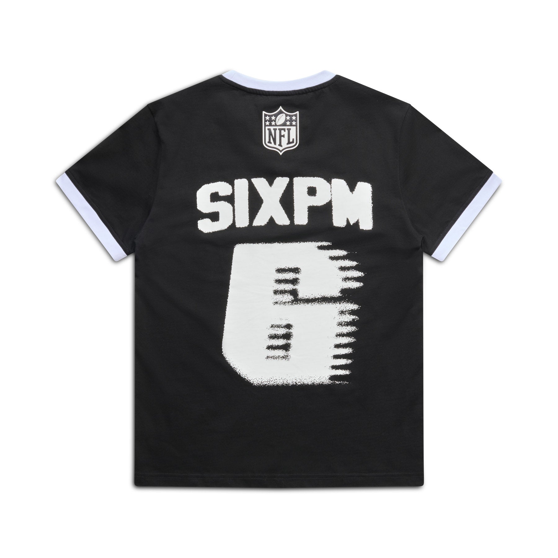 The 6PM NFL BLURRED T-SHIRT is a black tee with white sleeve cuffs, an NFL logo on the upper back, bold white SIXPM lettering, and a large, distorted white number 6 graphic below.