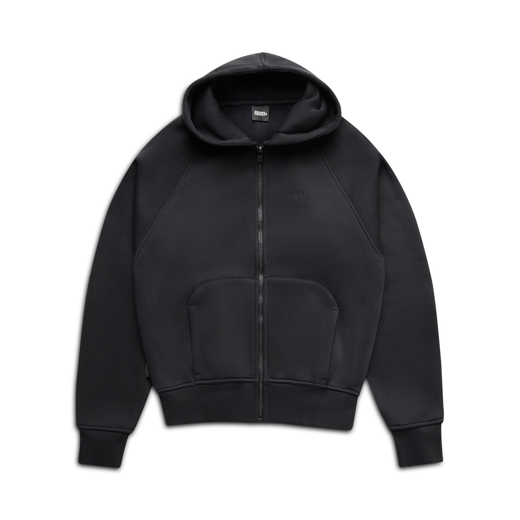 The 6PM+ SLIM ZIP HOODIE FADED BLACK by 6PM features a front pocket, hood, and ribbed cuffs and hem for a structured fit and clean finish, shown here on a white background.