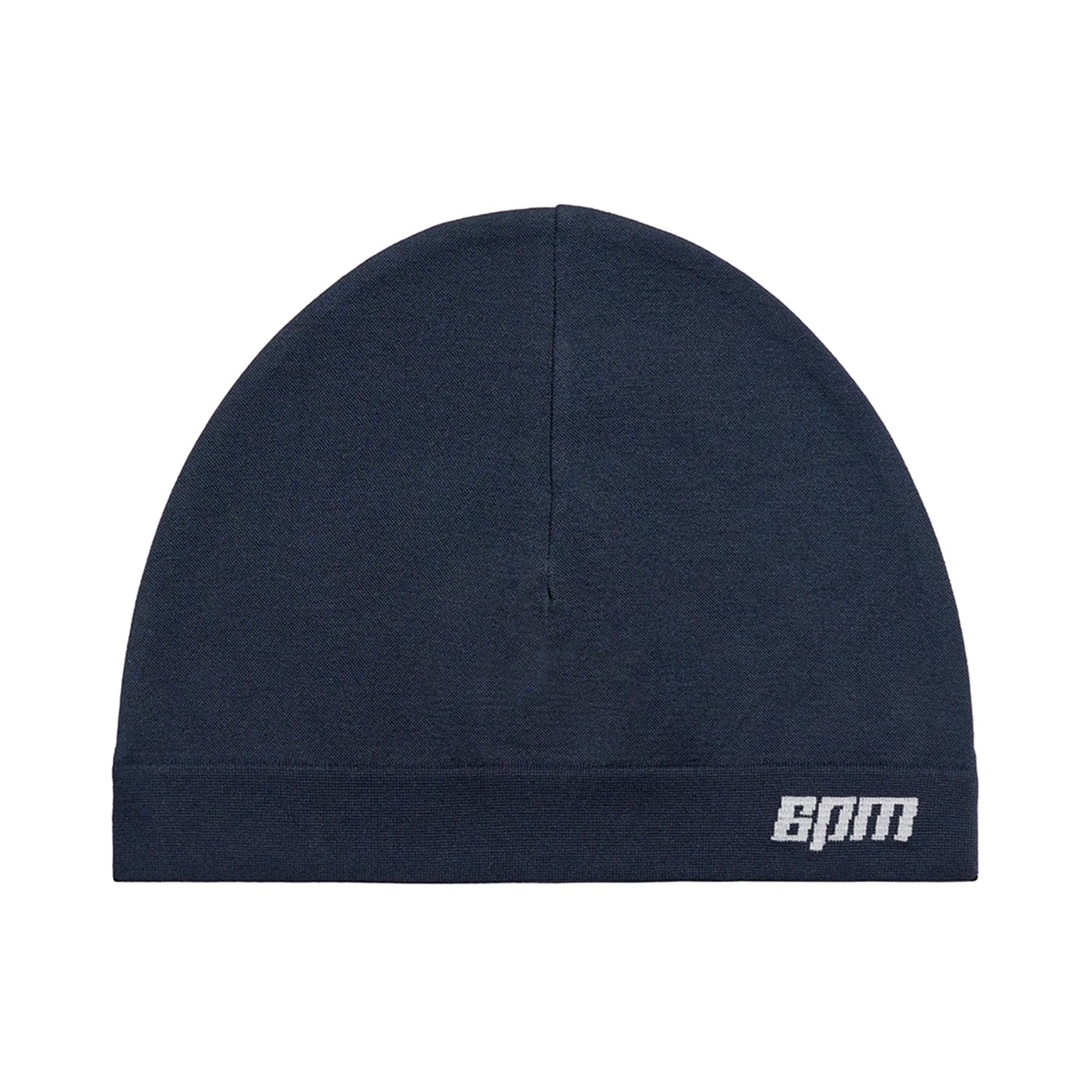 The TECHNICAL LOGO BEANIE NAVY by 6PM features a plain dark blue design with a small white 6PM logo embroidered on the bottom edge, shown centered on a white background.