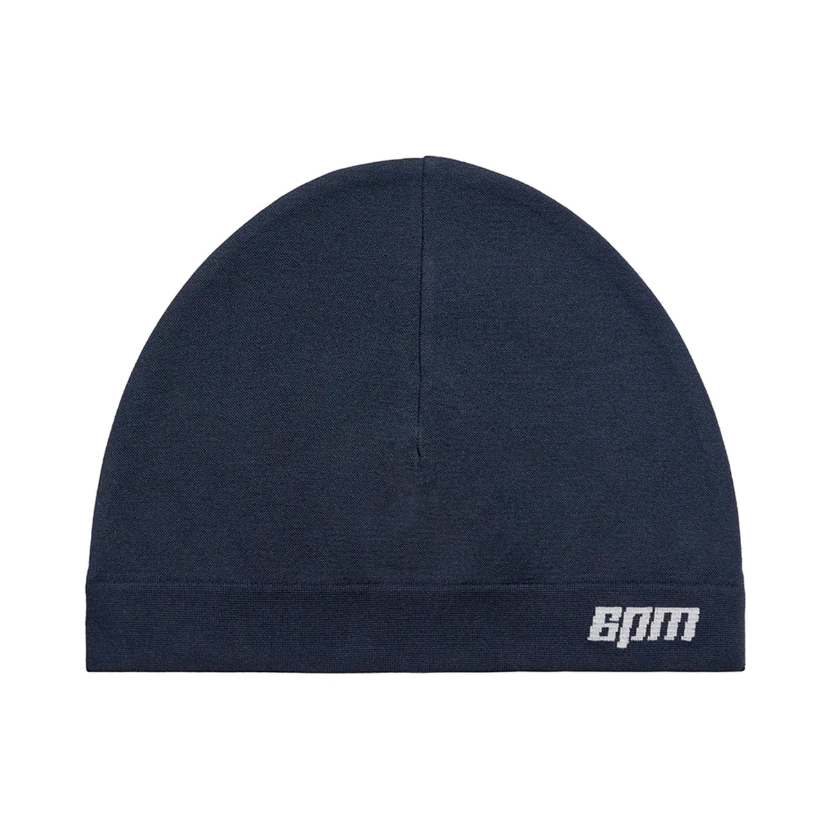 The TECHNICAL LOGO BEANIE NAVY by 6PM features a plain dark blue design with a small white 6PM logo embroidered on the bottom edge, shown centered on a white background.