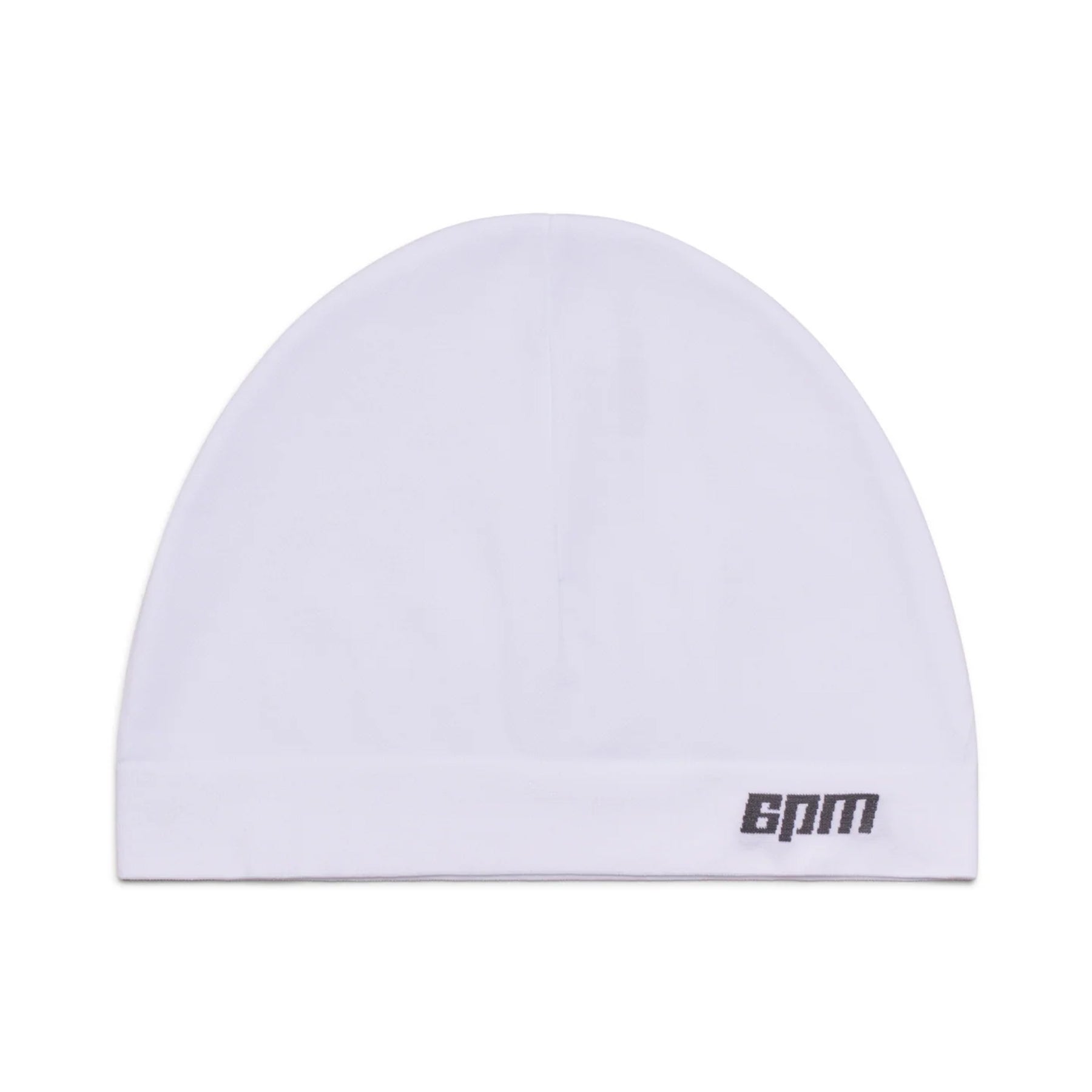 A white TECHNICAL LOGO BEANIE from 6PM featuring the brand name printed in black on the lower right side.