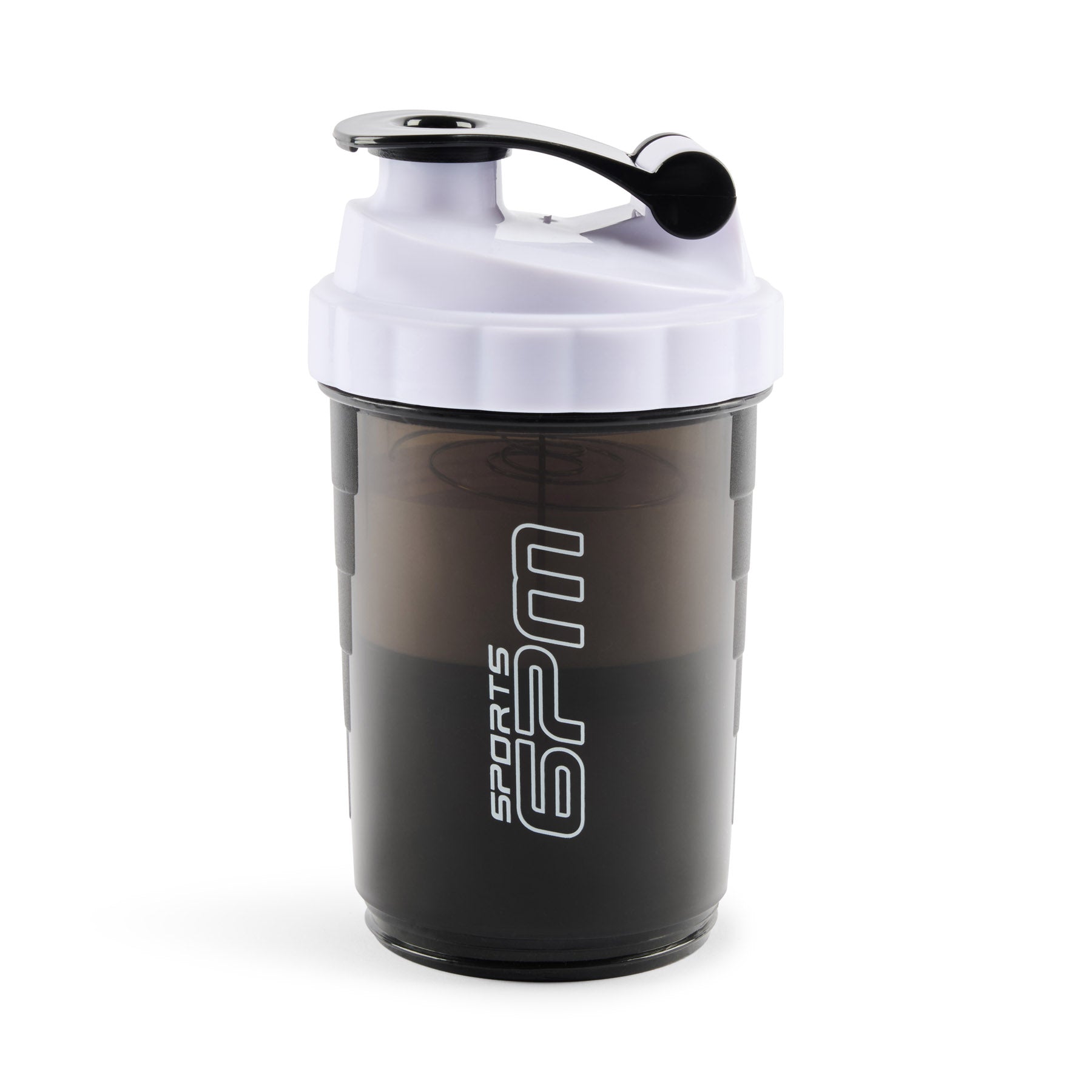 The 6PM SPORTS SHAKER by 6PM is a black bottle with a white flip-top lid and SPORTS 6PM printed vertically on the side, shown against a white background.