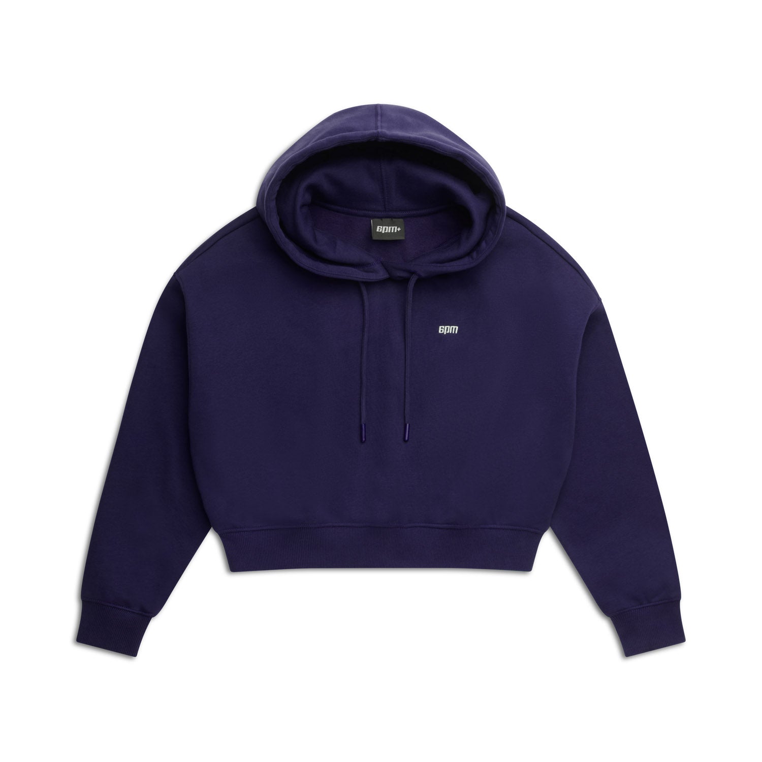 The 6PM WMNS Cropped Hoodie in Orbit Blue features a front pocket, drawstrings, and a small white chest logo, shown laid flat on a white background.