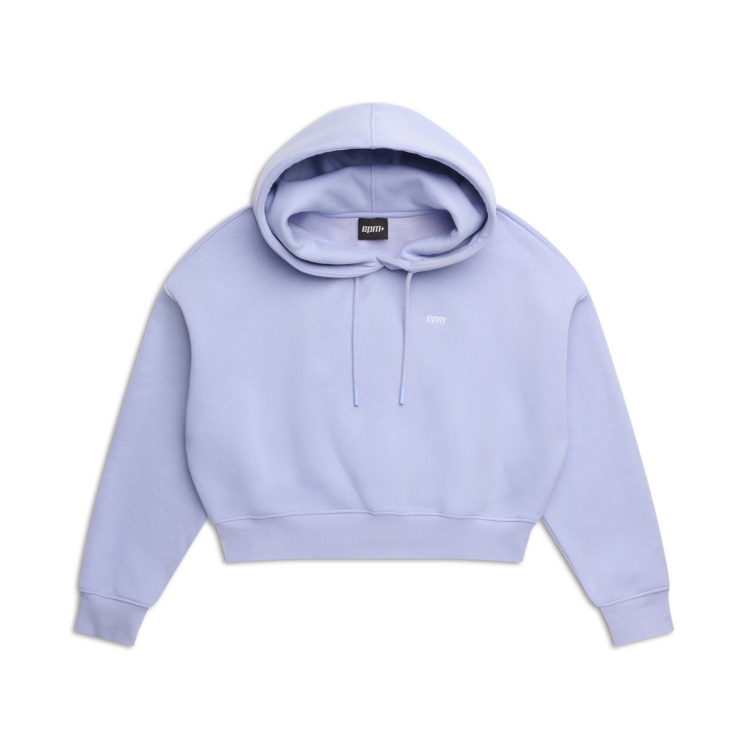 The 6PM WMNS CROPPED HOODIE SOFT VIOLET is a light purple cropped hoodie with front pocket, drawstrings, and a small white logo on the left chest, shown laid flat on a white background.