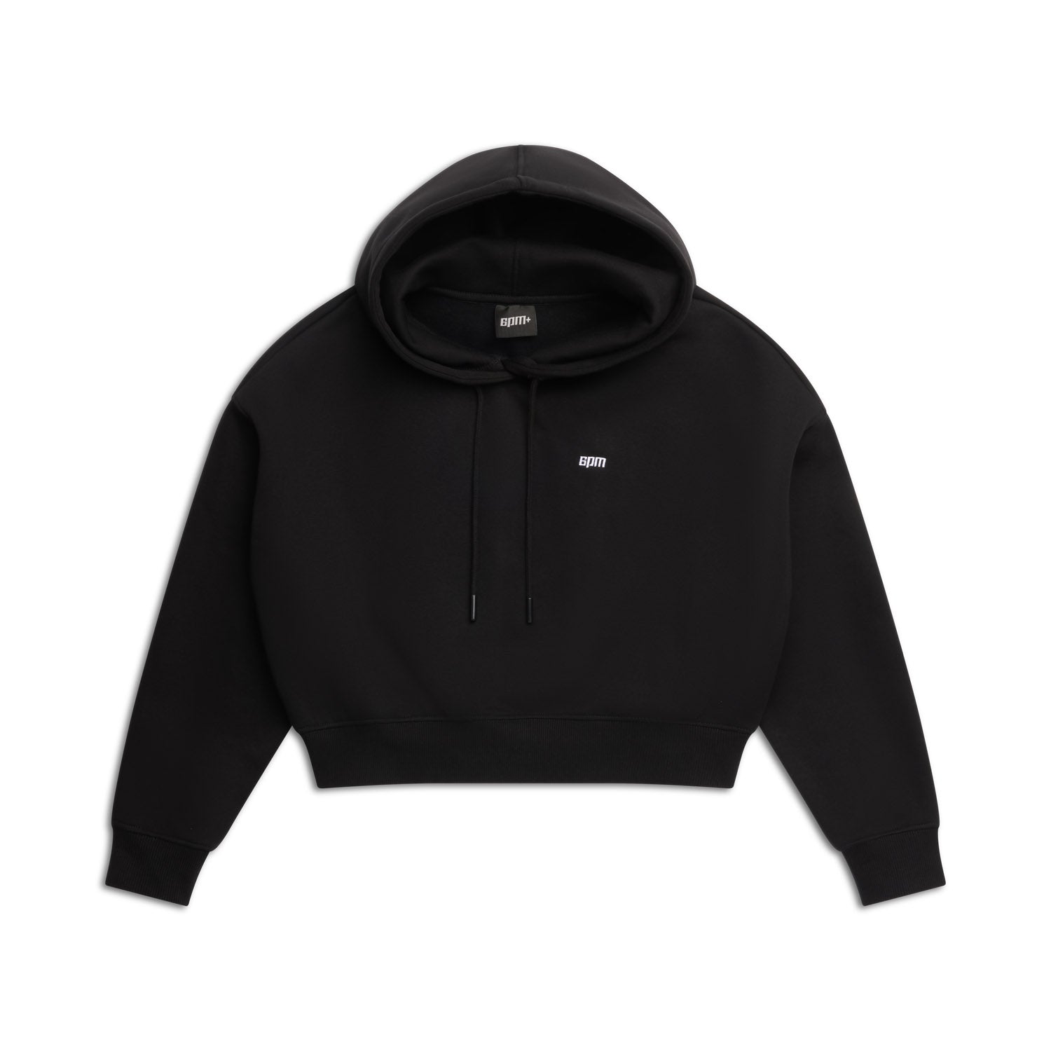 The 6PM WMNS CROPPED HOODIE BLACK is a black cropped hoodie with a front pocket, hood drawstrings, and a small white embroidered logo at the center chest.