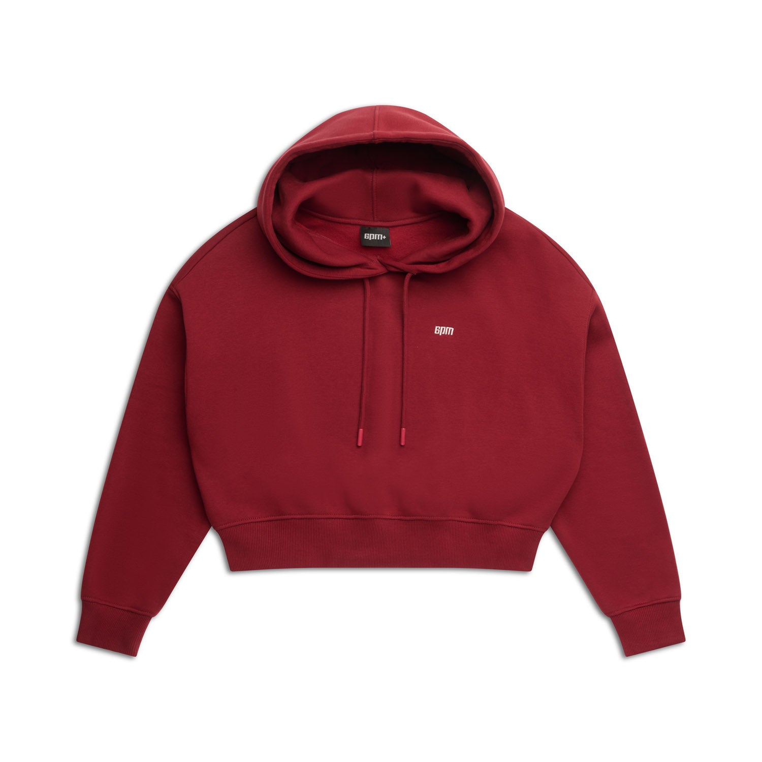 The 6PM WMNS Cropped Hoodie in wine red features a drawstring hood, long sleeves, and a small white embroidered front logo. It's shown laid flat on a white background.