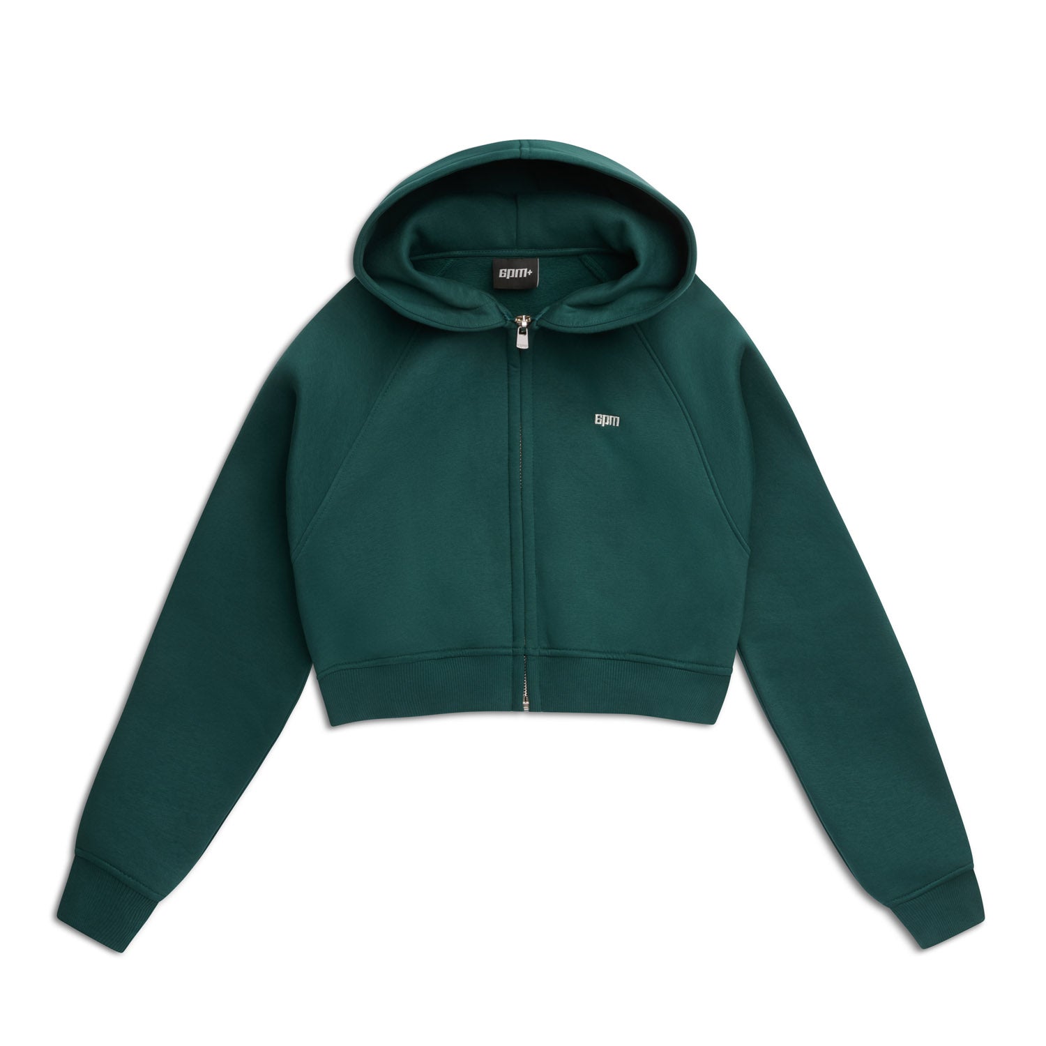The 6PM WMNS Cropped Zip Hoodie Evergreen features a dark green color, long sleeves, front pockets, a small left chest logo, and is shown laid flat on a white background.