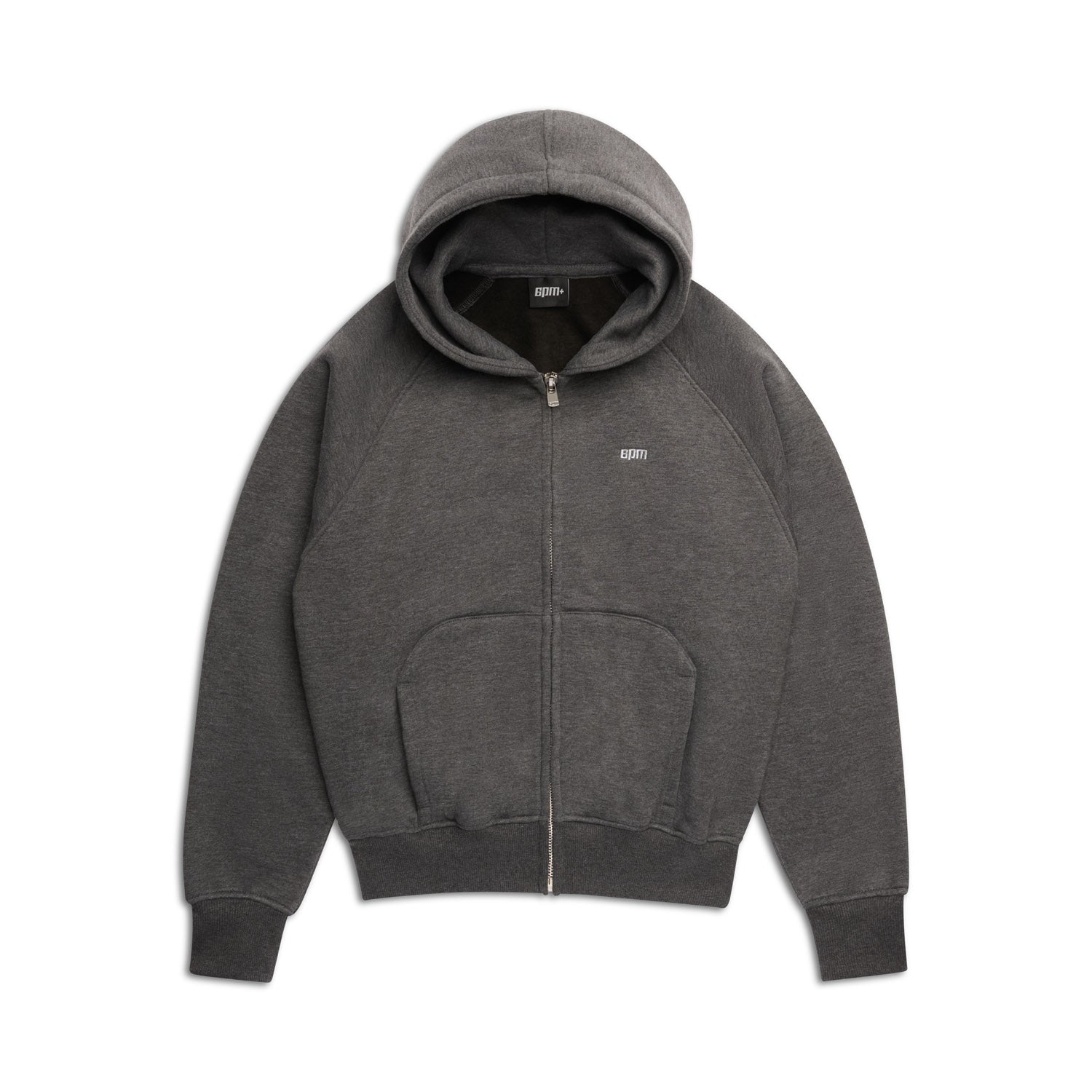 The 6PM ZIP HOODIE DARK GREY MELANGE features a plain dark gray design with a zip-up front, ribbed cuffs and hem, front pocket, and a small white logo on the left chest, shown against a white background.