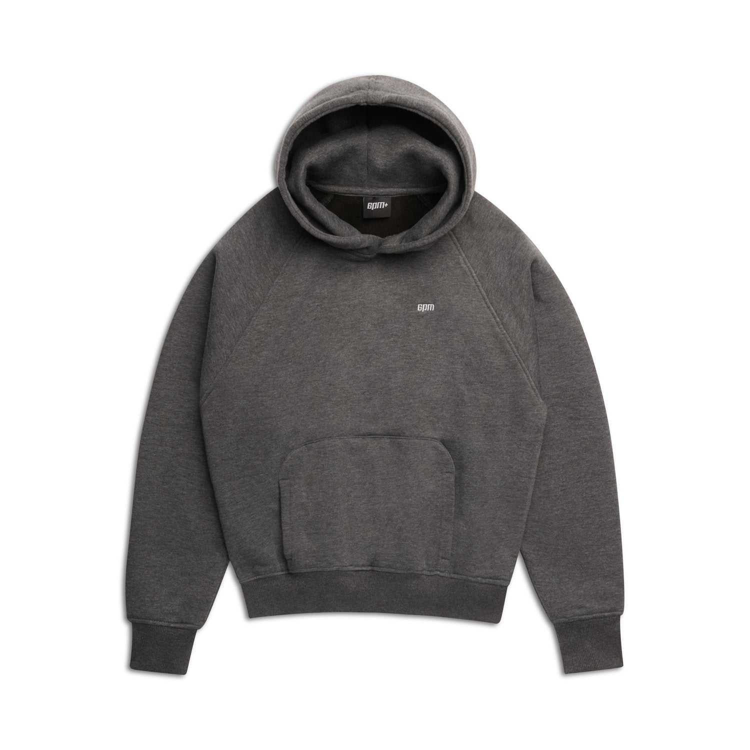 The 6PM HOODIE DARK GREY MELANGE features a front pocket, long sleeves, ribbed cuffs, and a small white chest logo, shown on a white background.