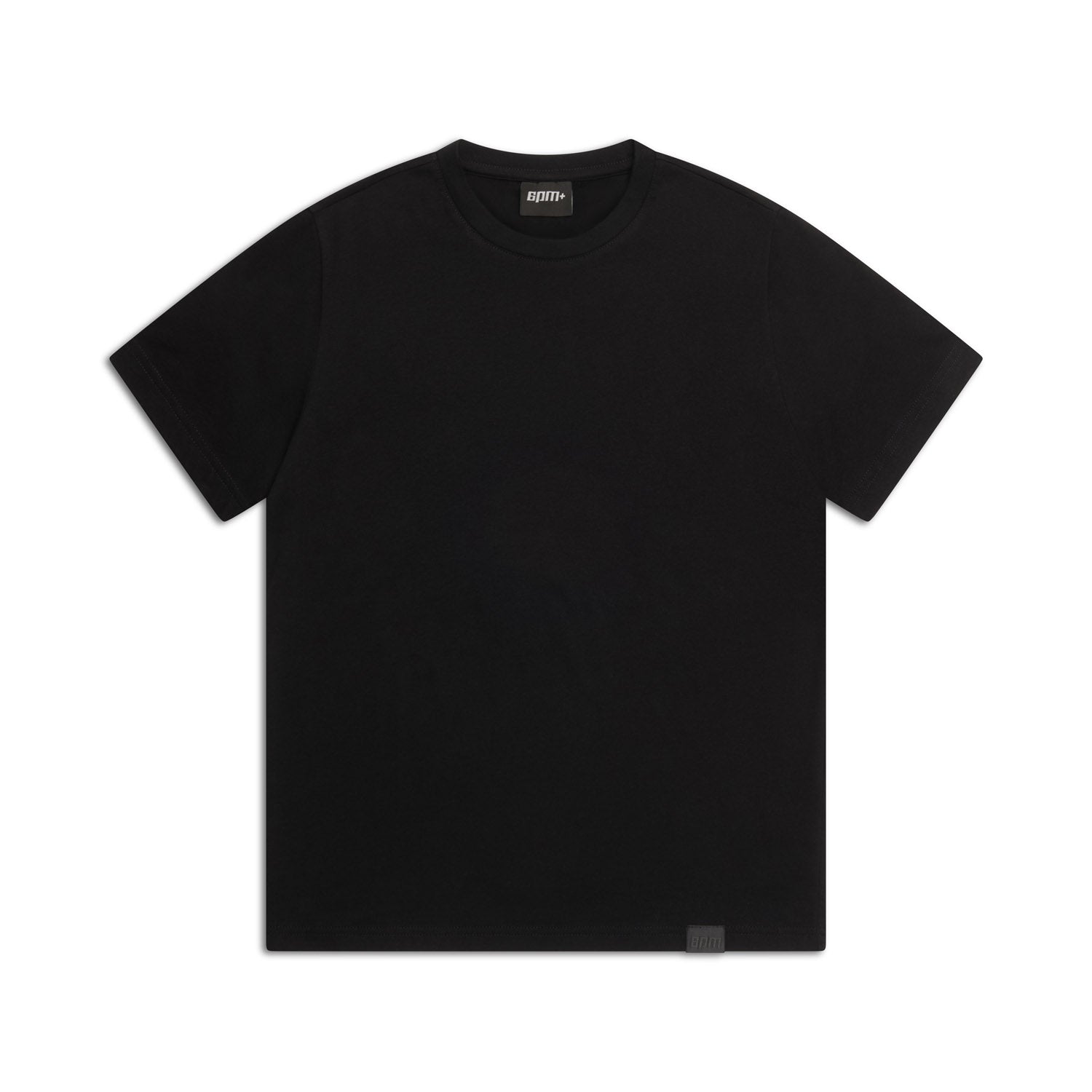 The 6PM SLIM FIT T-SHIRT BLACK is a premium cotton crew-neck tee, styled in plain black with a slim fit. No logos or designs are visible, except for a small fabric tag by the bottom hem. Shown laid flat on a white background.