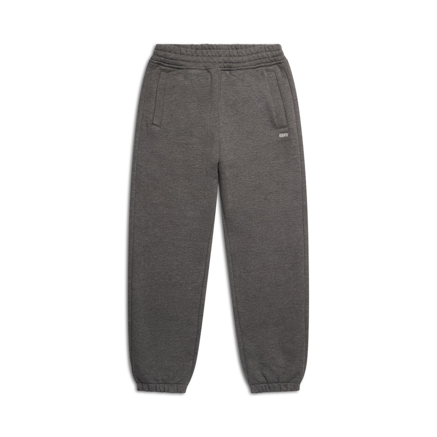 The 6PM CUFF JOGGER DARK GREY MELANGE features an elastic waistband, two side pockets, and elastic ankle cuffs, shown laid flat on a white background.