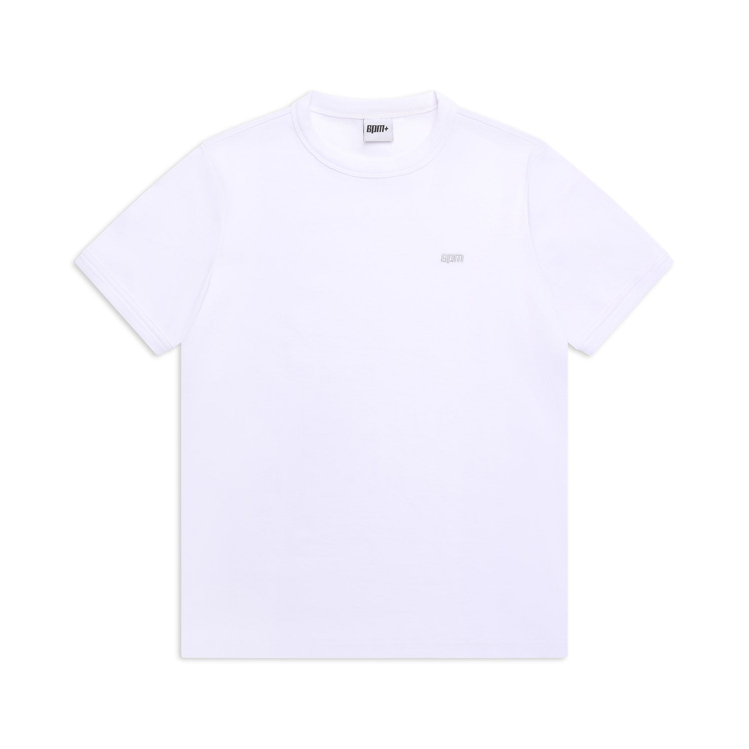 The 6PM RIBBED SLIM FIT TEE WHITE is a short-sleeve, round neck T-shirt with a subtle logo on the left chest, shown on a white background.