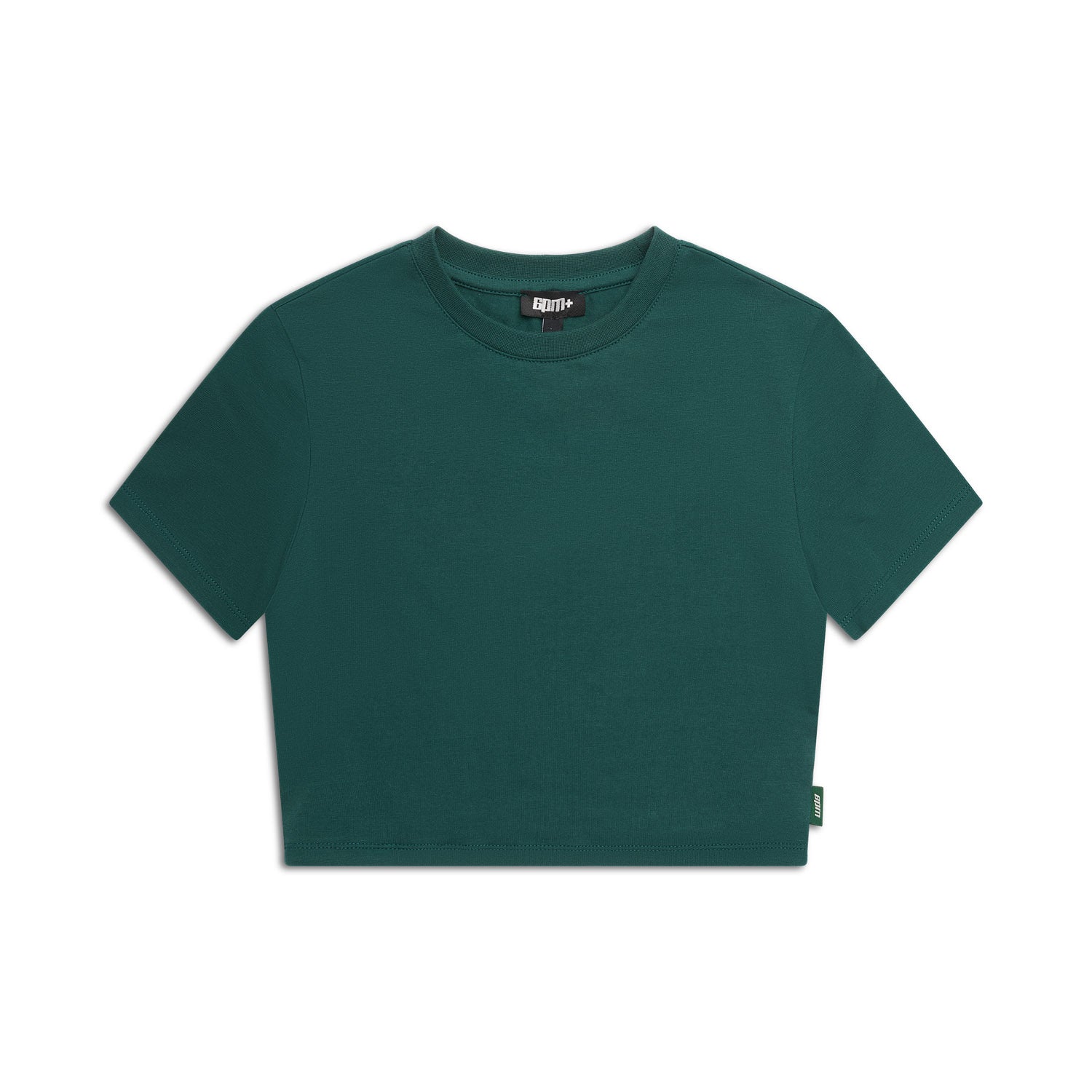 The 6PM WMNS CROPPED T-SHIRT EVERGREEN is a plain, dark green, short-sleeve cropped t-shirt with a crew neckline, laid flat on a white background.