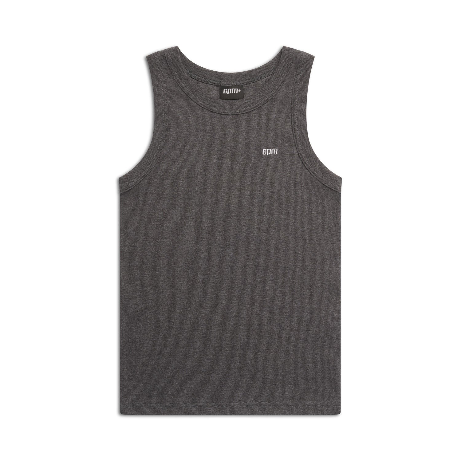 The 6PM TANK TOP DARK GREY MELANGE is a sleeveless dark gray tank with a round neckline and a small white logo at the center front, shown laid flat on a plain white background.
