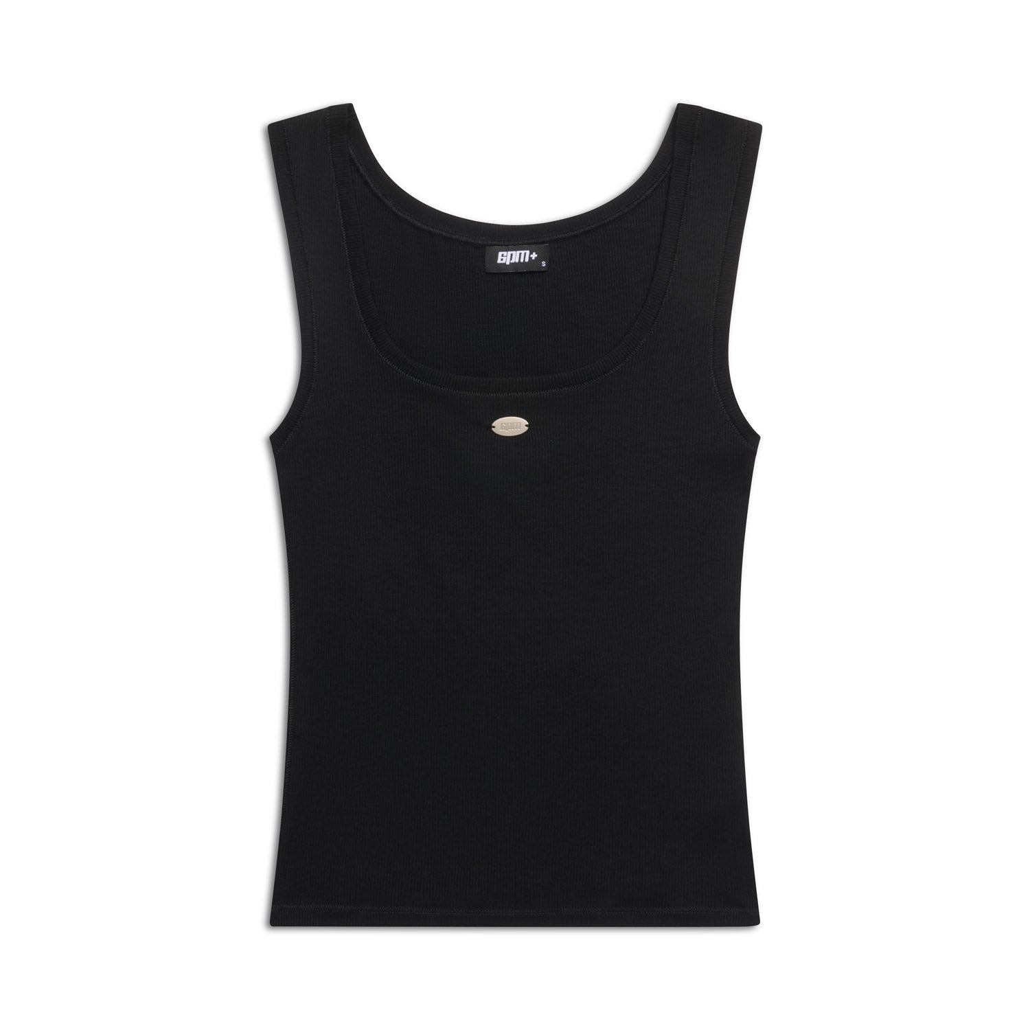 The 6PM WMNS TANKTOP BLACK is a sleeveless top with a scoop neckline and a small round metallic button at the center front, shown laid flat on a white background.