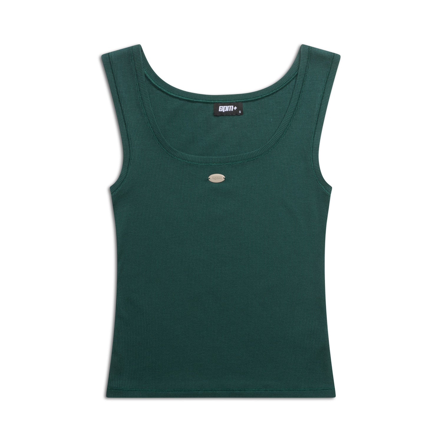 The 6PM WMNS TANKTOP EVERGREEN features a sleeveless, dark green design with a round neckline, accented by a small oval metallic detail on the chest and a black collar label, shown against a white background.