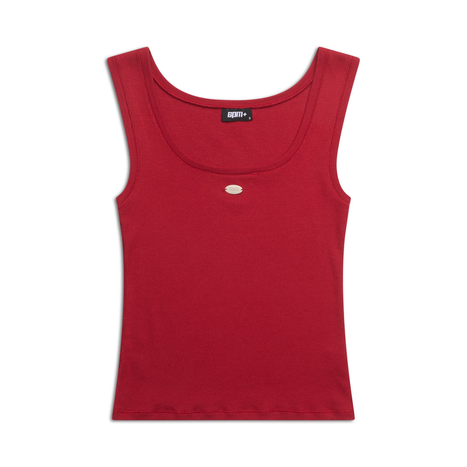 The 6PM WMNS TANKTOP CRANBERRY RED is a sleeveless top featuring a scoop neckline and a small oval metallic accent below the collar, shown laid flat on a white background.