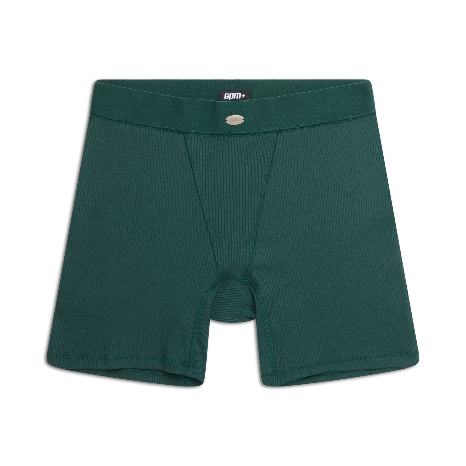 The 6PM WMNS BOXER SHORTS EVERGREEN are dark green fitted boxer briefs with a front waistband button, shown on a plain white background.