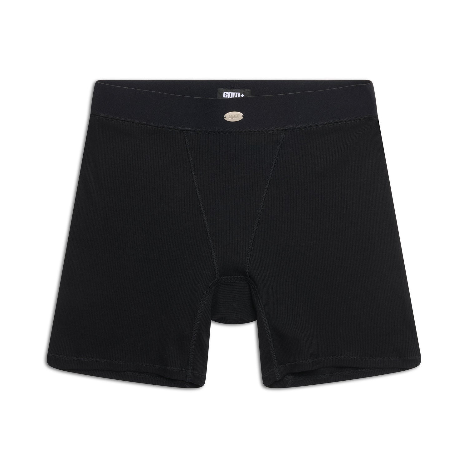 WMNS BOXER SHORTS BLACK by 6PM laid flat on a white background, featuring a waistband with a small circular logo at the center front.