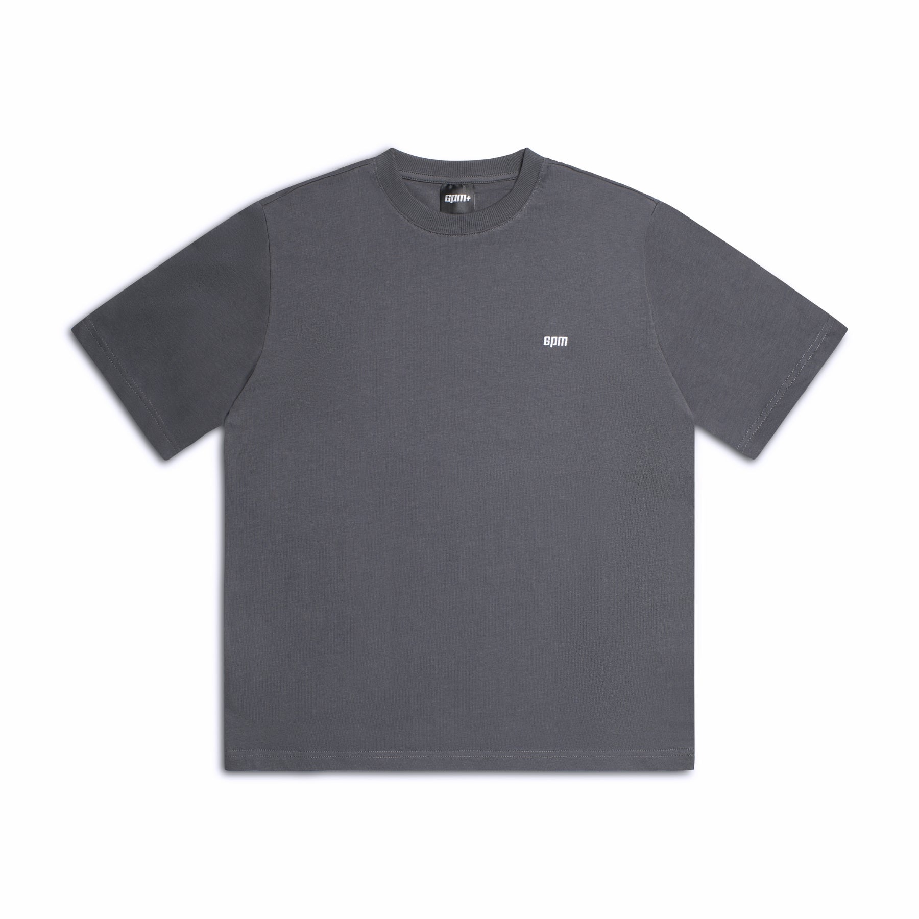 The 6PM T-SHIRT ANTHRACITE is a classic dark gray tee with short sleeves and a small white apm logo on the left chest, shown against a white background.