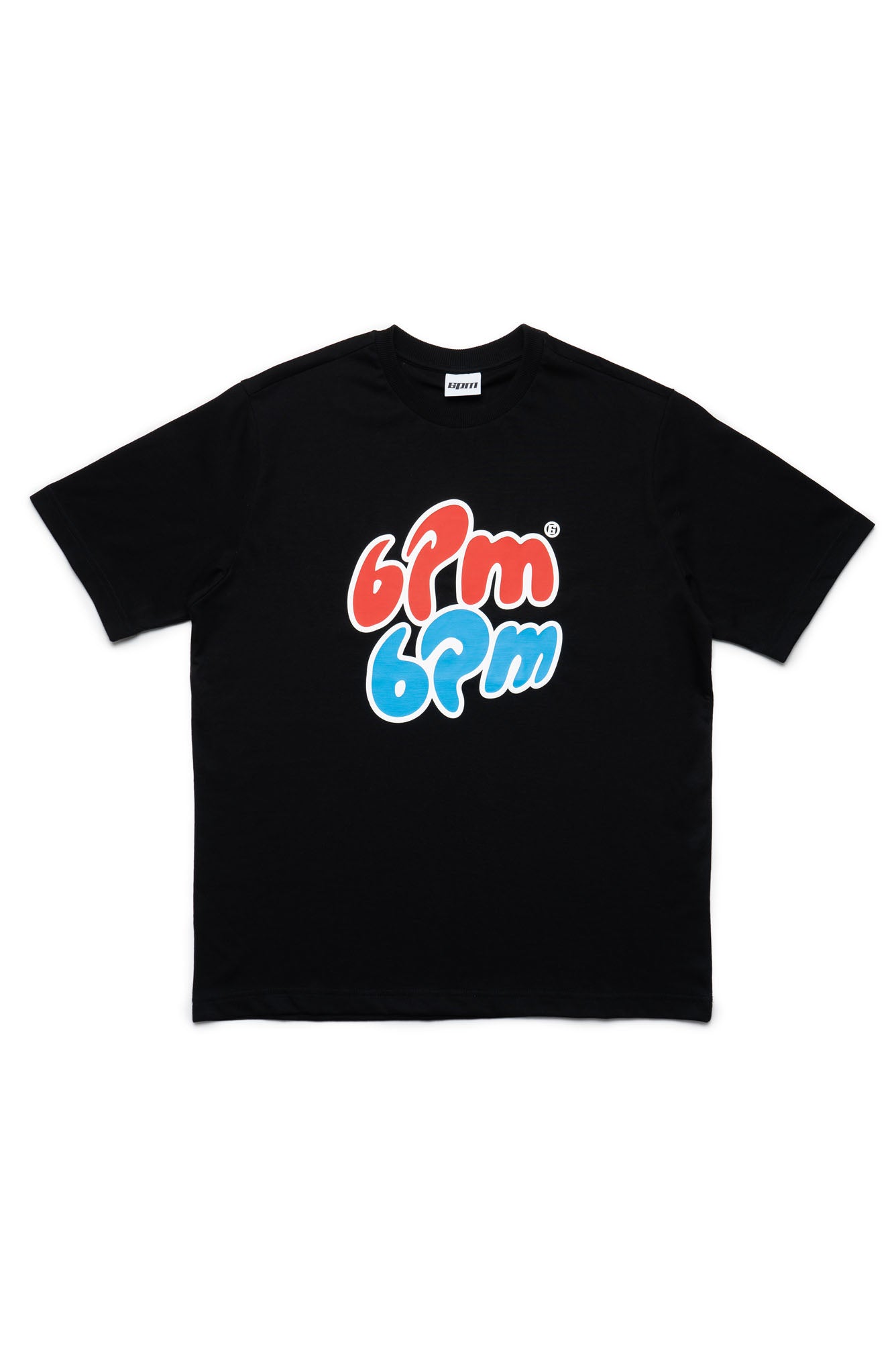The ICE CREAM T-SHIRT BLACK by 6PM features "6pm 6pm" in bold, rounded font: the top "6pm" is red with a white outline, and the bottom "6pm" is blue with a white outline.