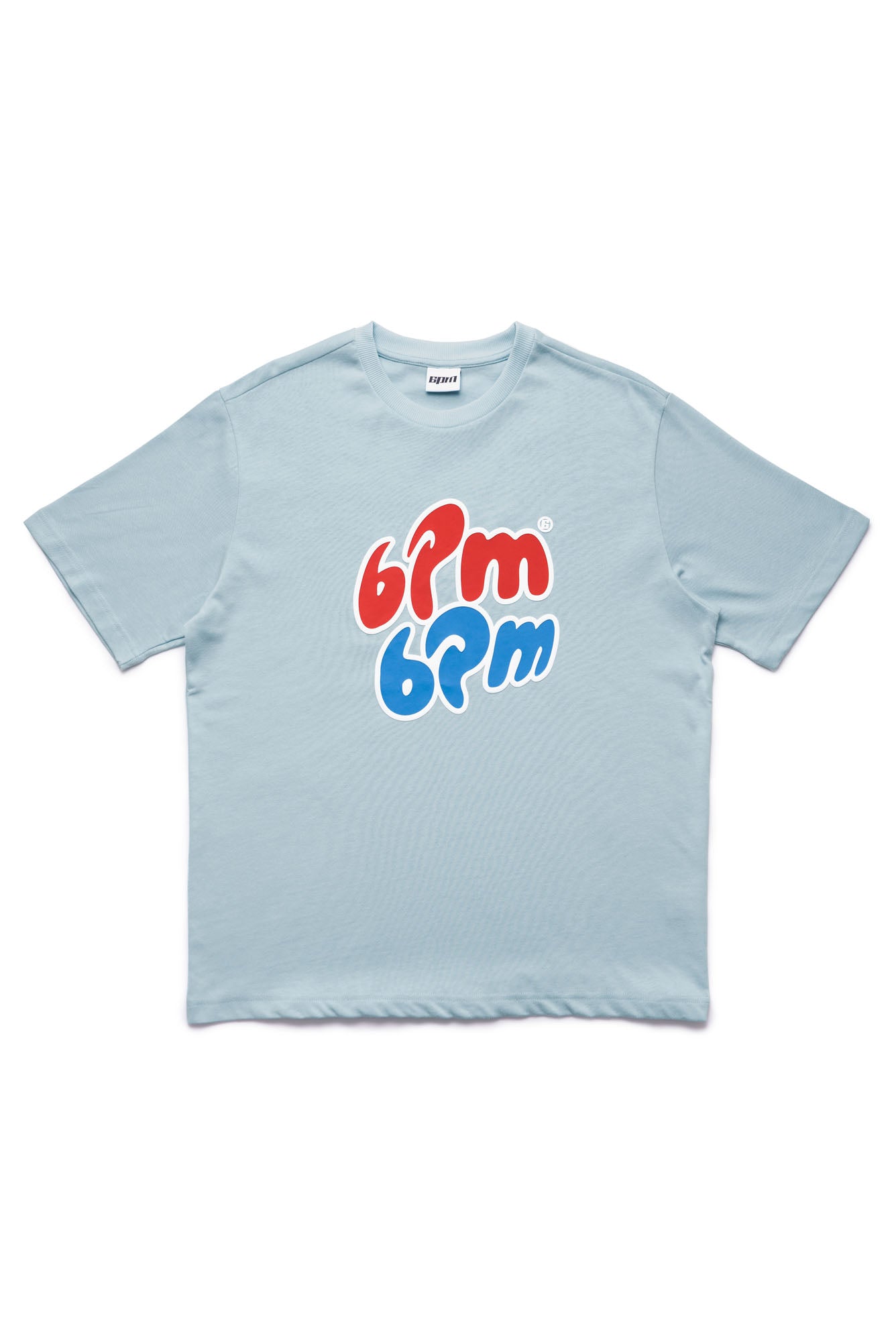 The ICE CREAM T-SHIRT BLUE by 6PM is a light blue short-sleeve tee with bold "bpm bpm" text—red on top, blue below—in a large stylized font, centered on the chest.