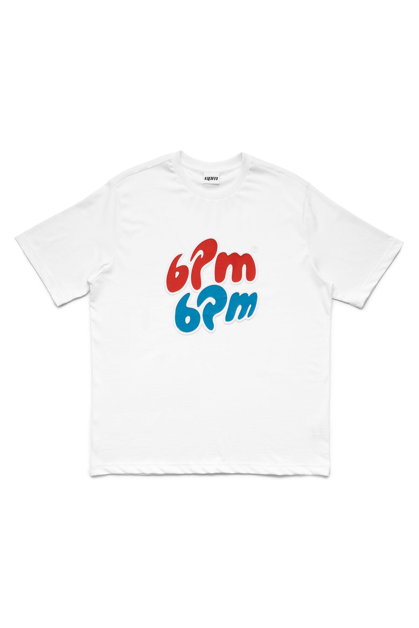 The ICE CREAM T-SHIRT WHITE by 6PM features bold "bpm bpm" text on the front—the top "bpm" in red and the bottom in blue, both in a rounded, playful font.