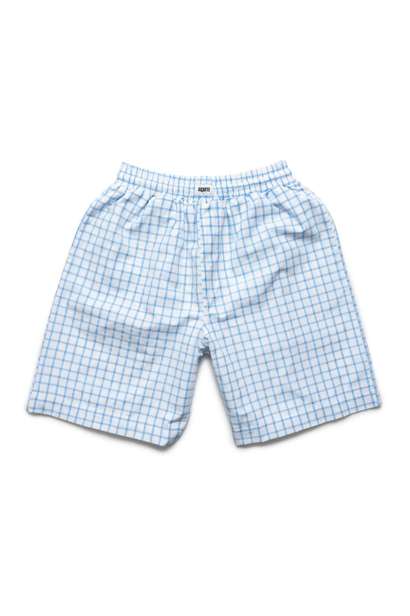 6PM BOXERSHORTS SHORTS WHITE/BLUE: Light blue and white checkered men's boxer shorts with an elastic waistband, displayed flat on a white background.