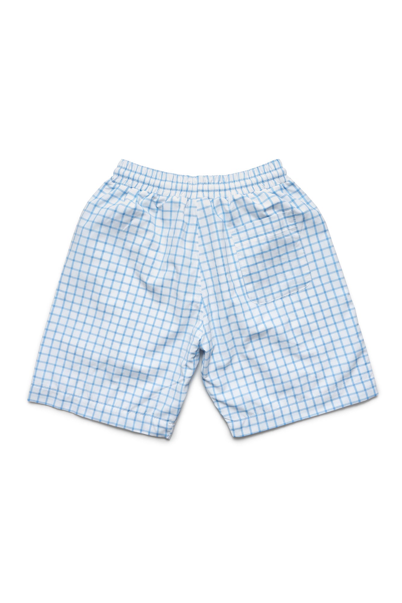 The 6PM BOXERSHORTS SHORTS WHITE/BLUE feature a light blue and white plaid pattern with an elastic waistband, shown flat on a white background.