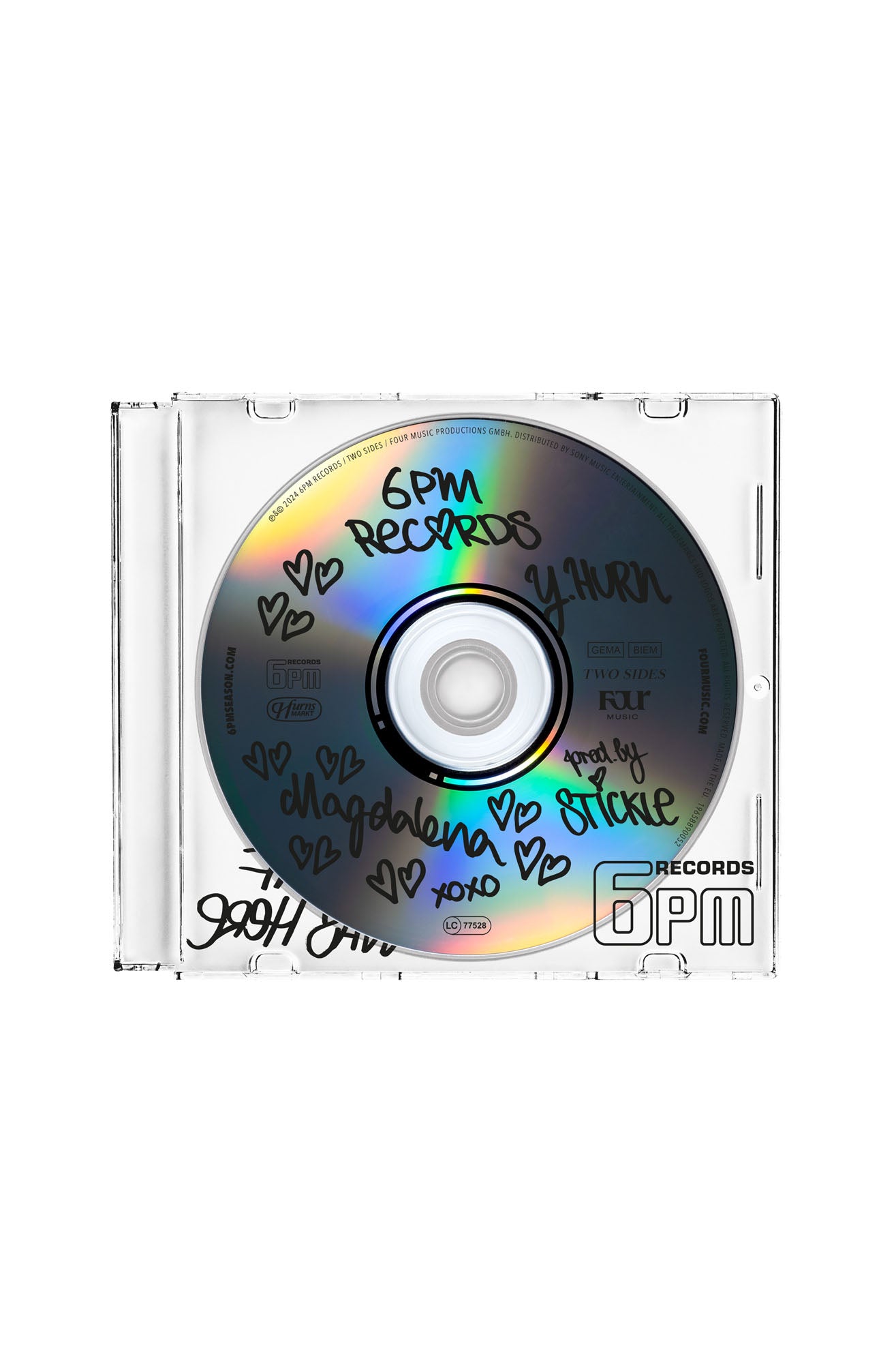 The 6PM RECORDS x Yung Hurn MAGDALENA Emoji Bundle by 6PM features a CD in a clear plastic case with the 6PM RECORDS logo, handwritten doodles, hearts, and names like Magdalena and STICKLE on the disc.