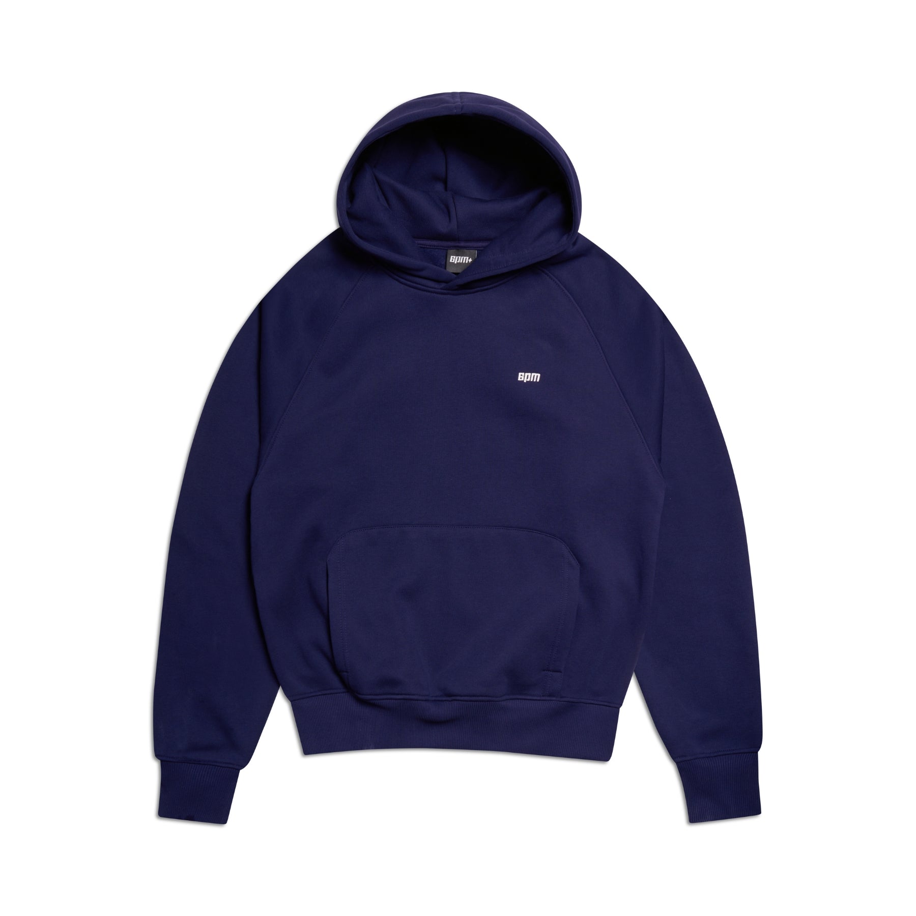 The HOODIE ORBIT BLUE by 6PM is a plain navy blue raglan-sleeved hoodie featuring a kangaroo pocket and a small white chest logo, shown on a white background.