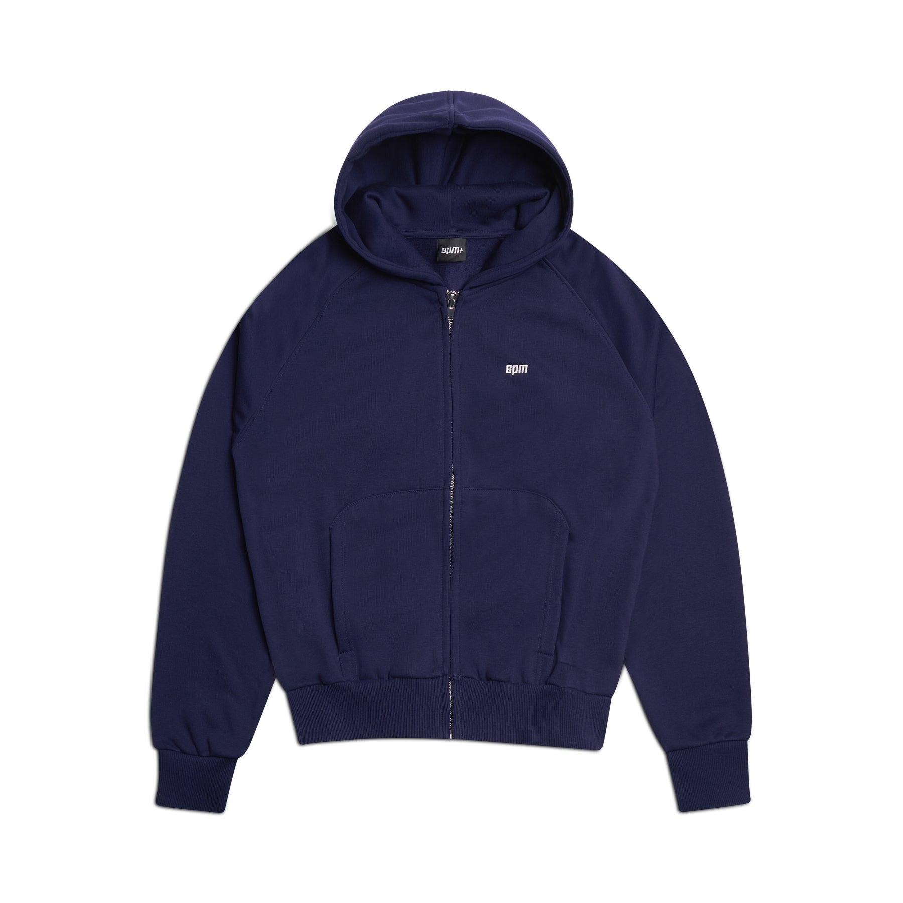 The 6PM ZIP HOODIE ORBIT BLUE is a navy zip-up hoodie with a hood, front pockets, and subtle white logo text on the left chest—ideal for everyday wear and styled here laid flat on a white background.