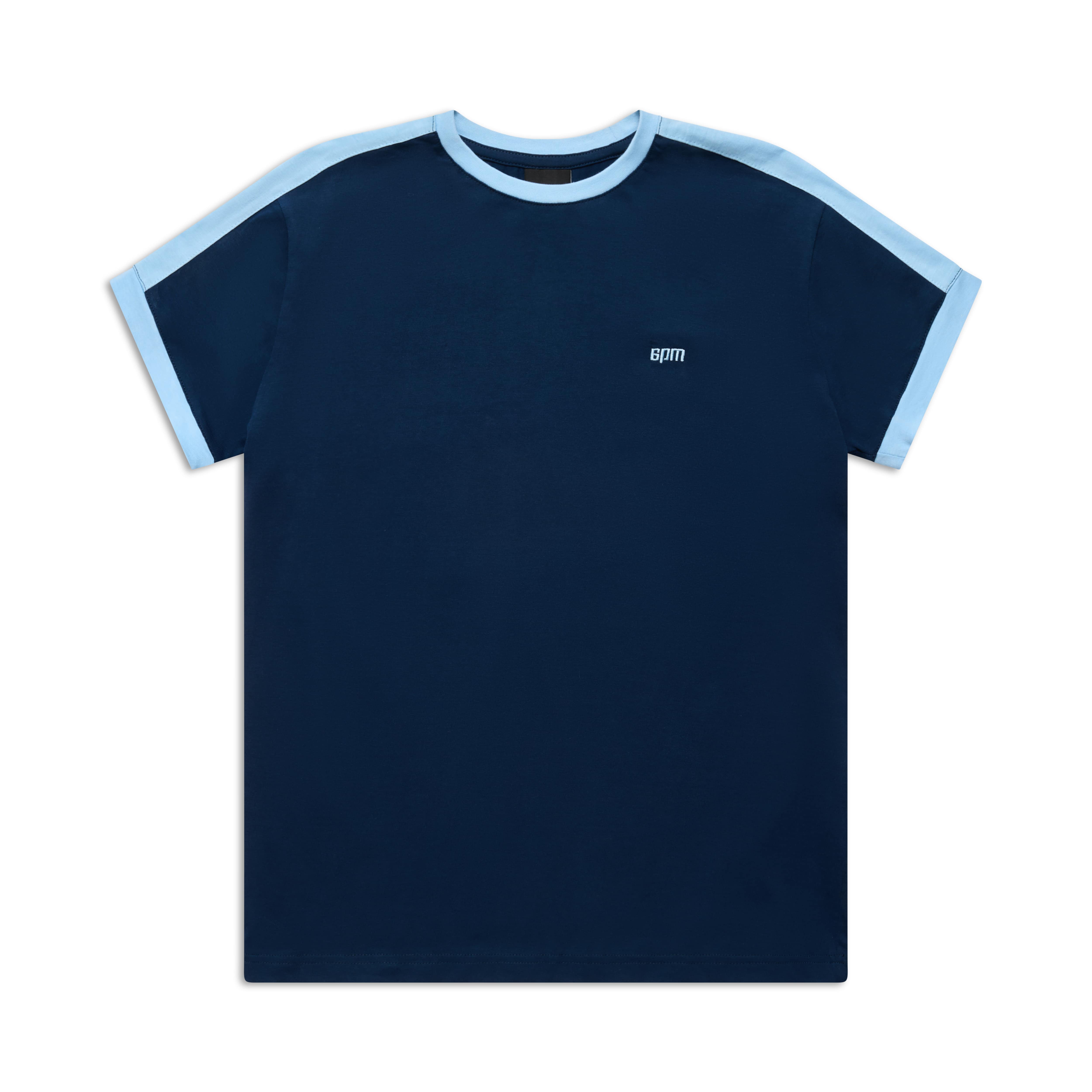 The 6PM SLIM FIT RINGER TEE NAVY is a navy tee with light blue trim on the sleeves and shoulders, featuring a small white BPM logo on the left chest. The shirt is displayed flat on a white background.