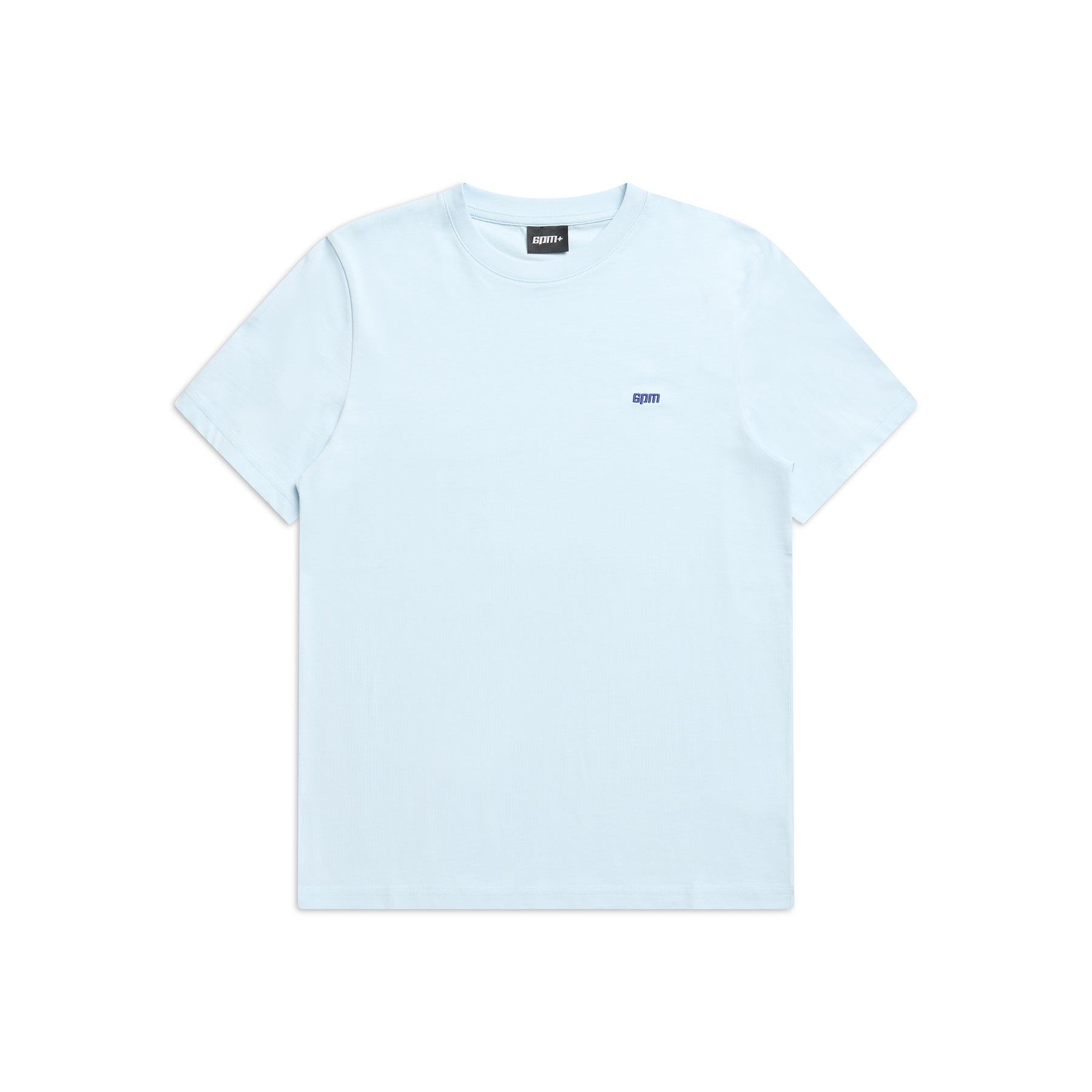 The 6PM SLIM FIT T-SHIRT ICE BLUE features a slim fit, premium cotton fabric, a small dark blue embroidered logo on the left chest, and a black inner neckline label, shown against a white background.