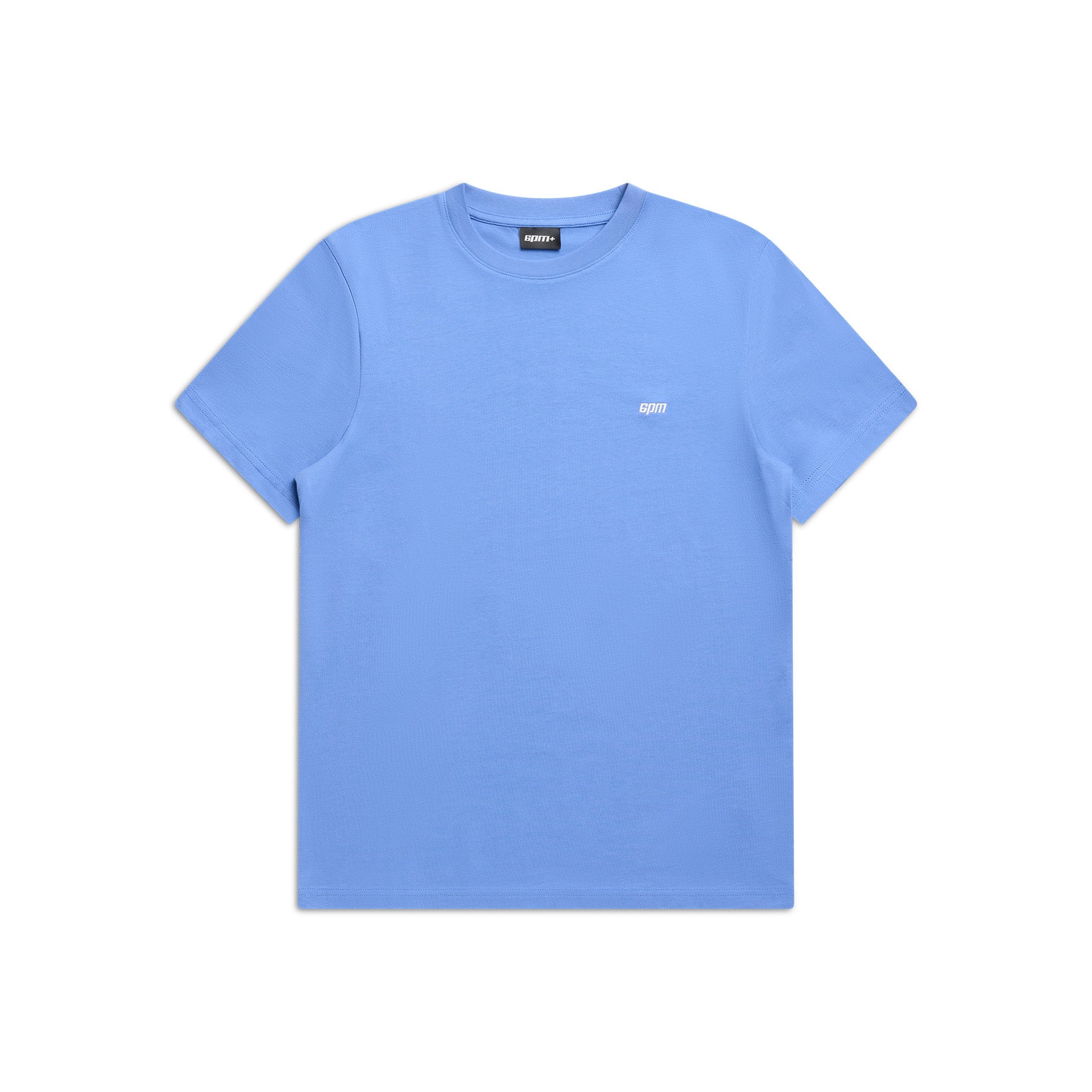 The 6PM SLIM FIT T-SHIRT PERSIAN BLUE is a short-sleeved, slim fit tee in sky blue, shown on a white background. It features a small white logo on the left chest and a black label inside the collar.