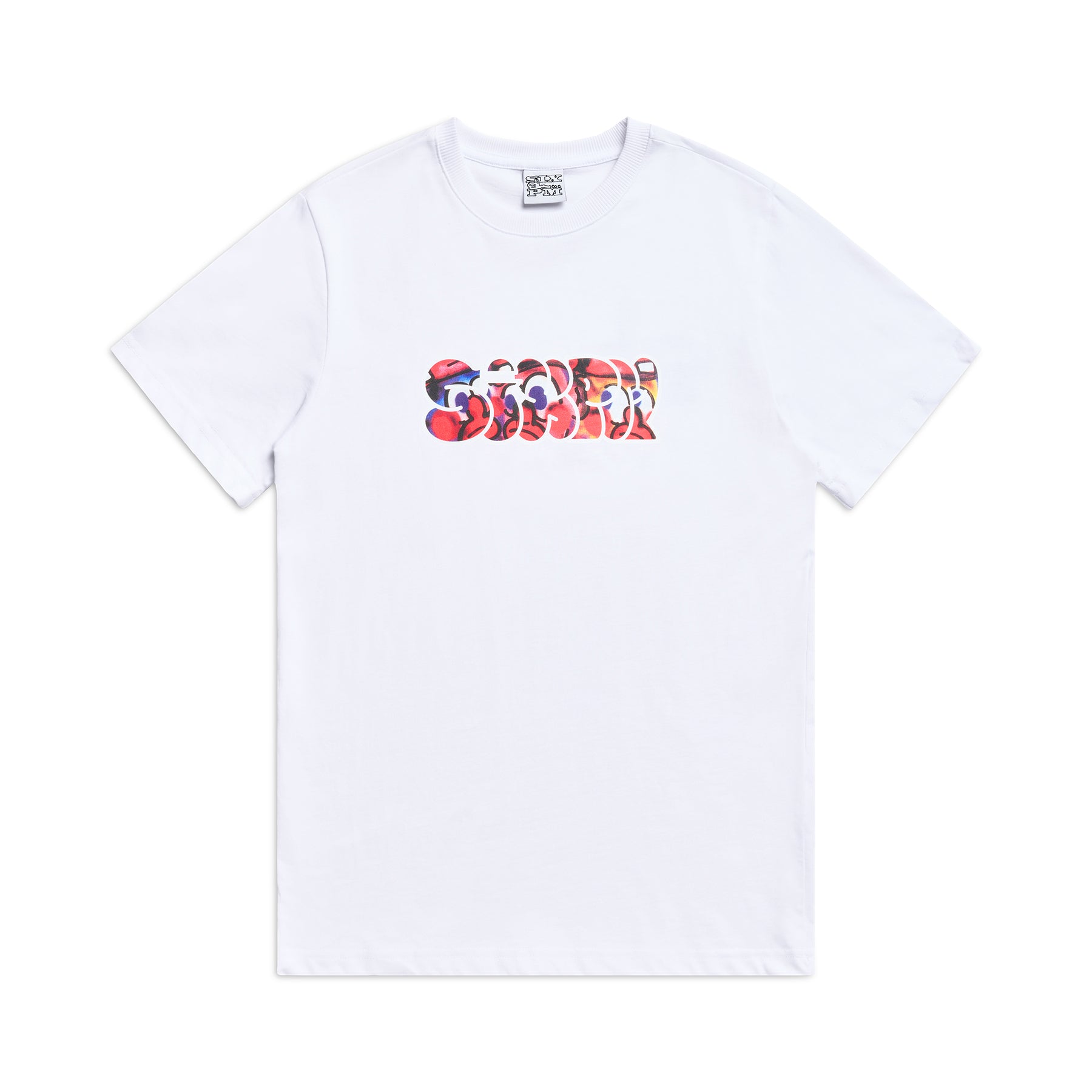 The 6PM SLAWN SIGNATURE TEE WHITE is a white short-sleeve t-shirt with SORRY in large, colorful, artistic letters across the chest.