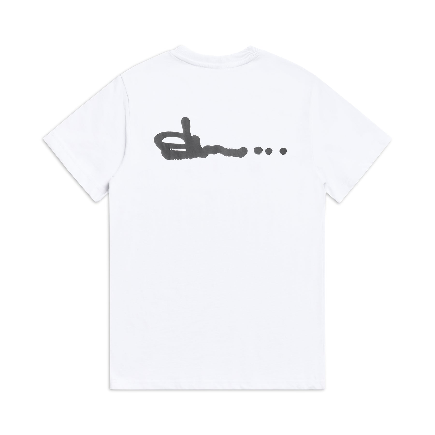 The 6PM SLAWN SIGNATURE TEE WHITE is a plain white short-sleeve t-shirt featuring a black graffiti-style design and three dots printed across the upper back.
