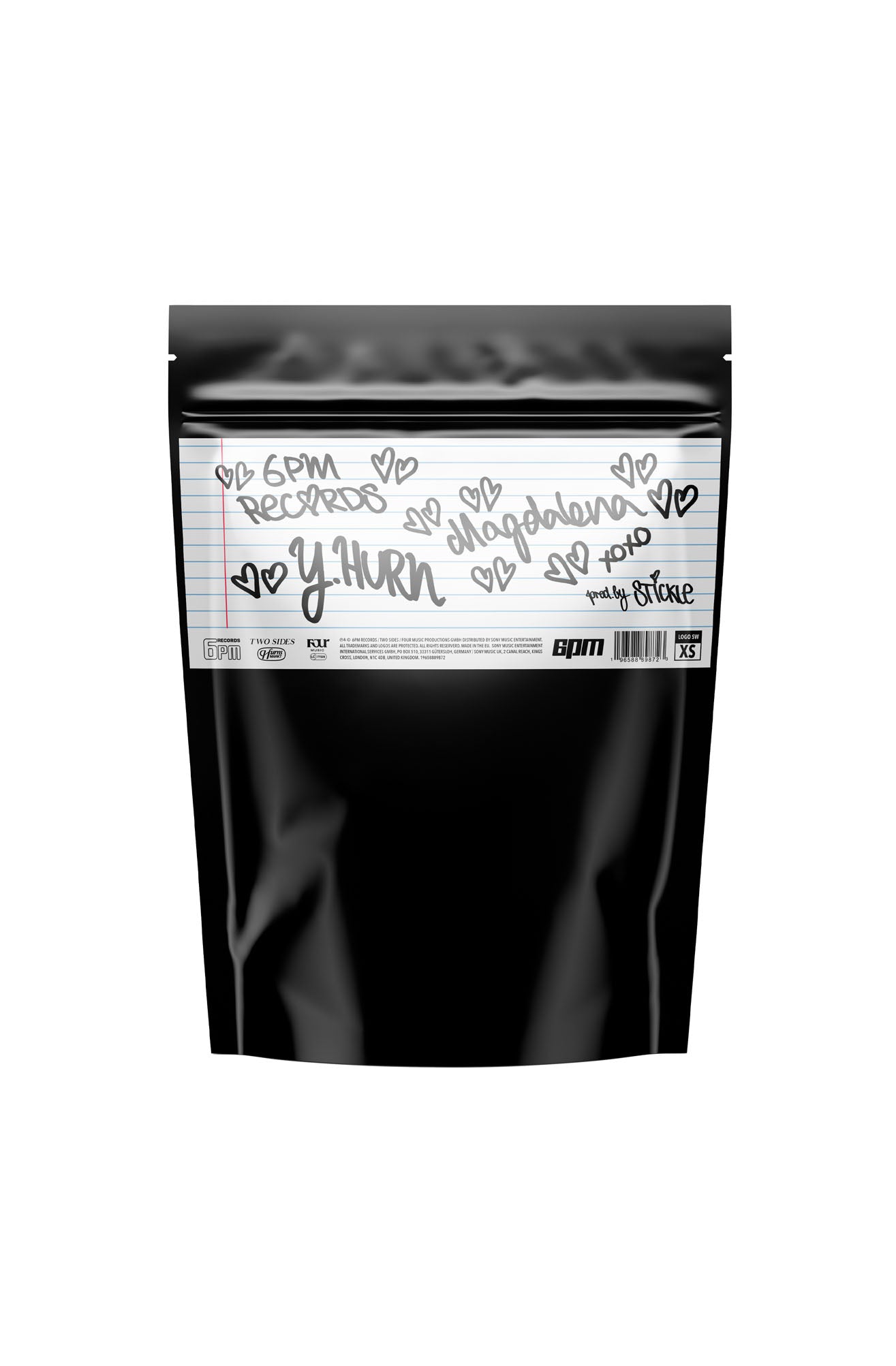 A black resealable bag from 6PM labeled "6PM RECORDS x Yung Hurn MAGDALENA Bundle Black," featuring a handwritten note with "xoxo pretty mistake" and doodled hearts.
