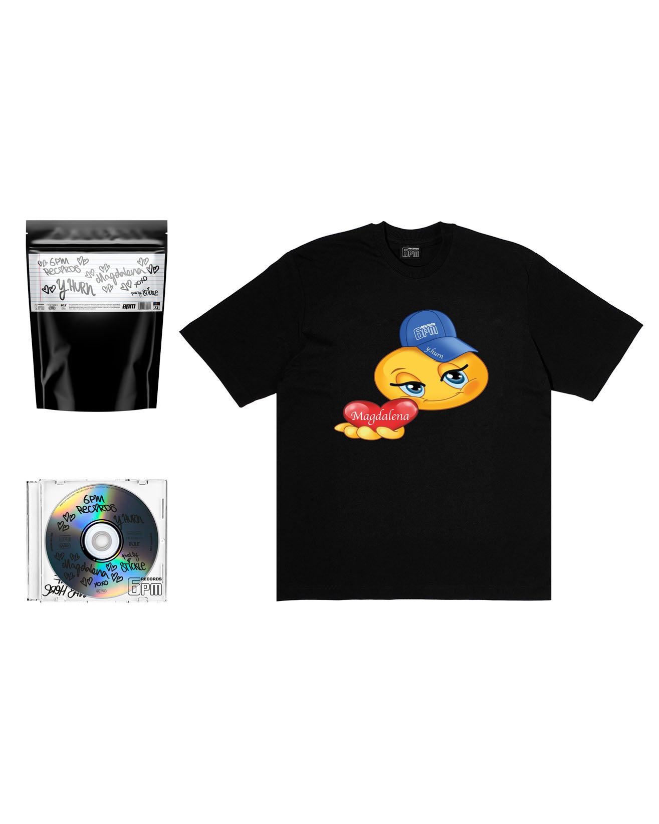 The 6PM RECORDS x Yung Hurn MAGDALENA Emoji Bundle by 6PM includes a black tee with a cartoon face and "Magdalena" on red lips, a black resealable bag with white text, and a CD with hand-written doodles.