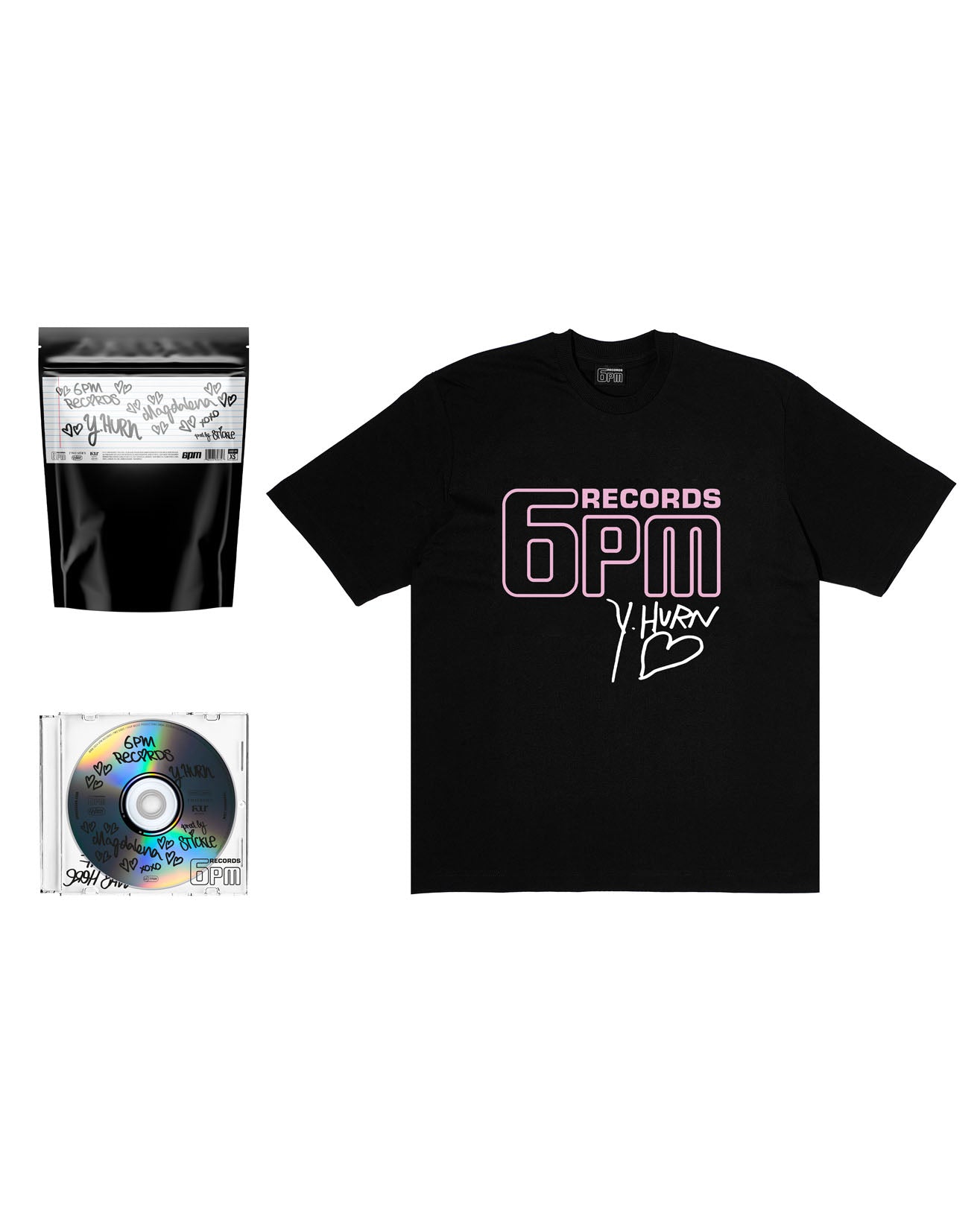 The 6PM RECORDS x Yung Hurn MAGDALENA Bundle Black by 6PM includes a black tee with pink and white graphics, a CD with colorful handwritten text, and a black resealable pouch with white doodles and signatures.