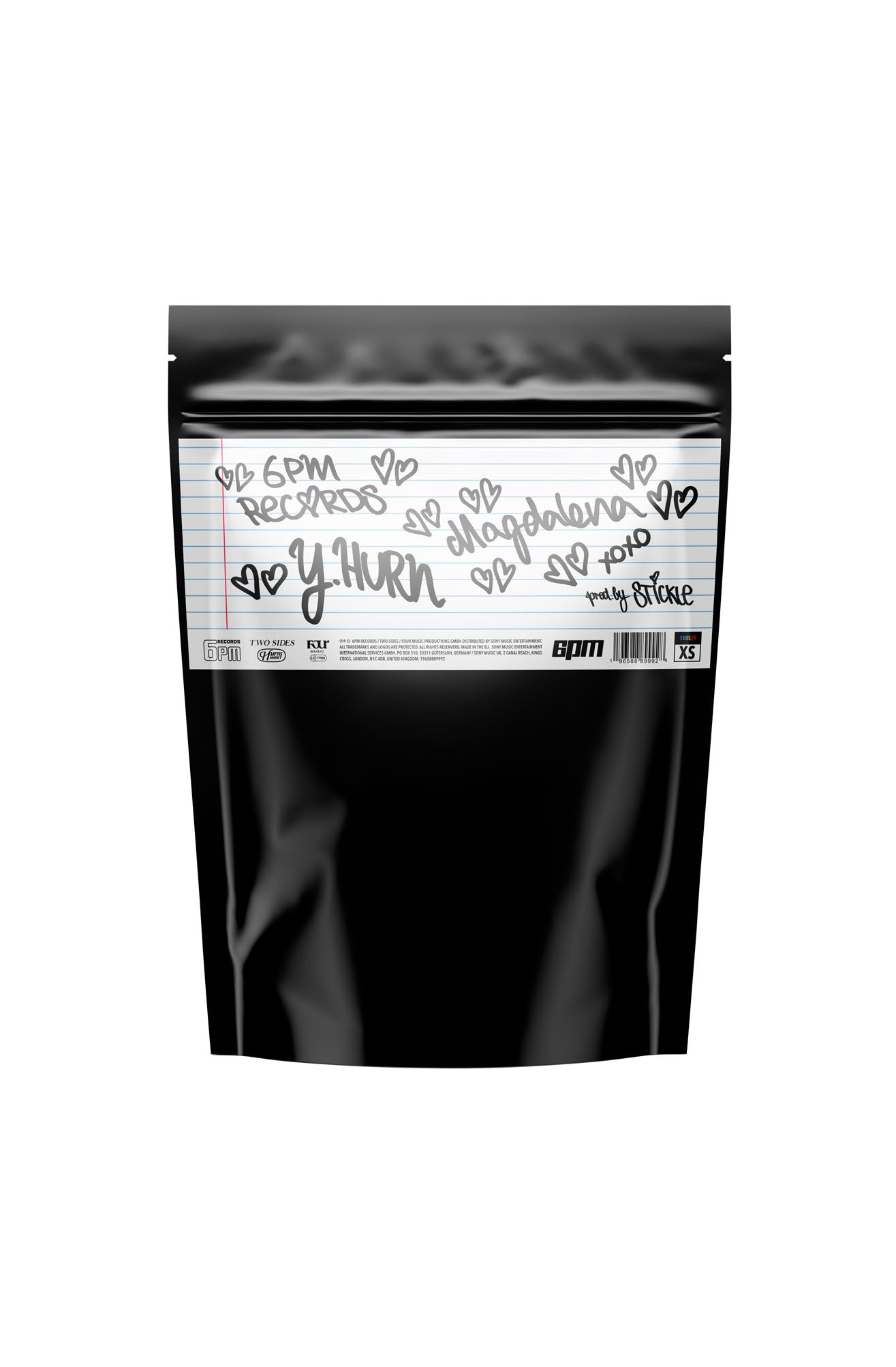 A black resealable pouch with a white label displays handwritten text, doodles of hearts, “6PM RECORDS,” “Yung Hurn,” “MAGDALENA,” and “party by Stokke.” Product: 6PM RECORDS x Yung Hurn MAGDALENA Emoji Bundle by 6PM.