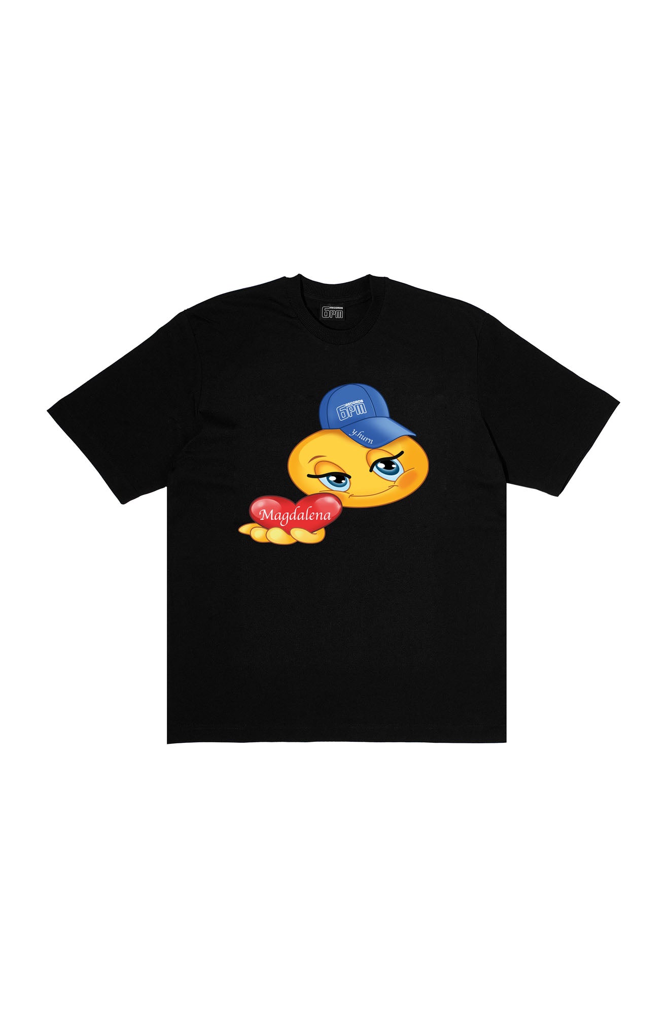 The 6PM RECORDS x Yung Hurn MAGDALENA Emoji Bundle by 6PM features a black t-shirt with a playful graphic: a yellow face in a blue cap, smirking and holding a red heart labeled "Magdalena" on the front.