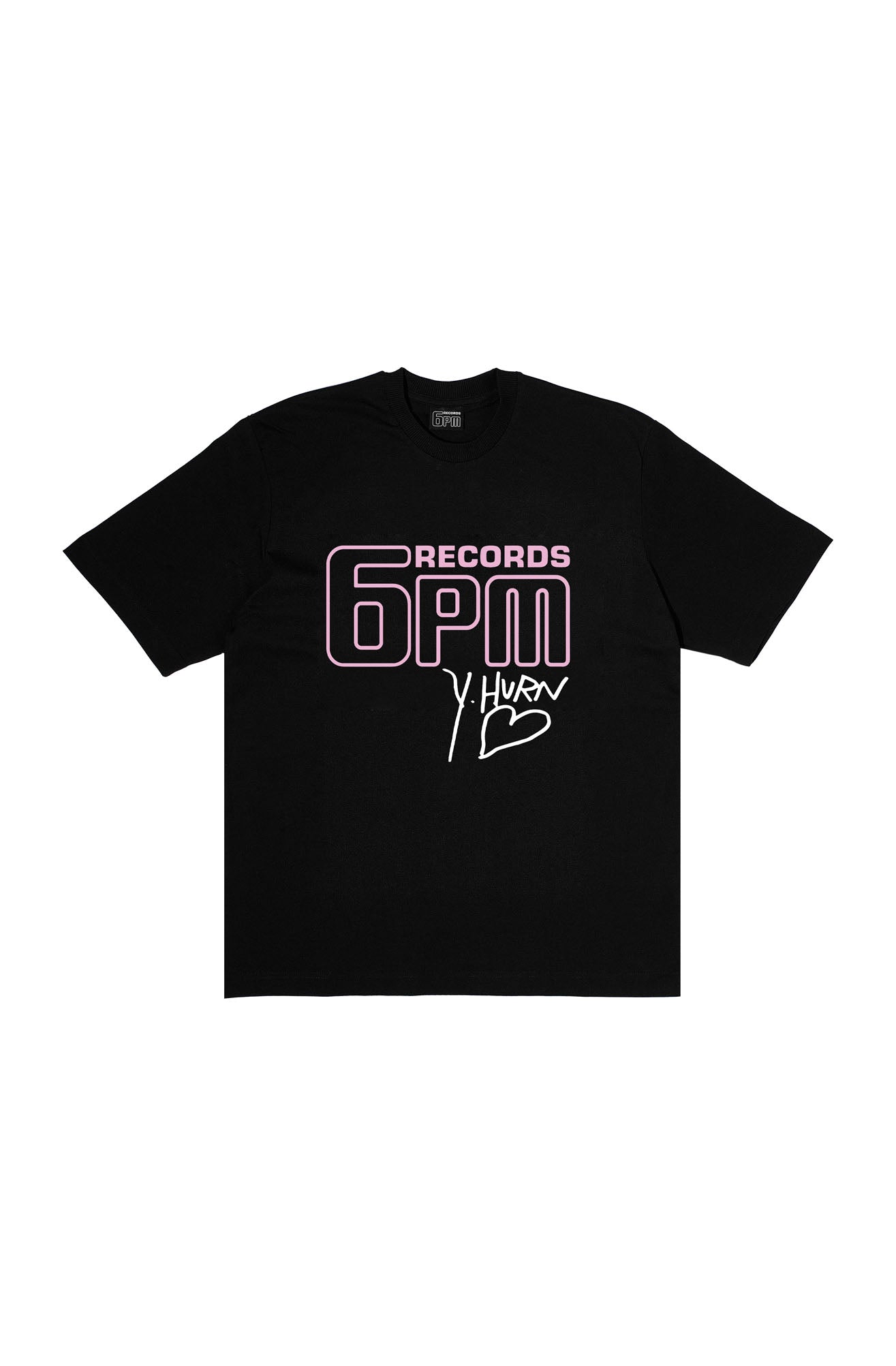 The 6PM RECORDS x Yung Hurn MAGDALENA Bundle Black tee by 6PM features bold pink and white "6PM RECORDS" text on the front, plus a white handwritten-style signature with a heart below.