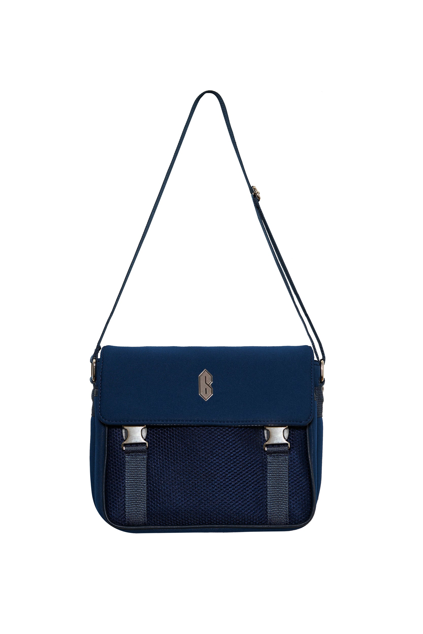 The 6PM NEOPRENE BAG NAVY features a textured front panel, metallic clasp, flap closure, two front straps, and an adjustable shoulder strap, shown against a white background.