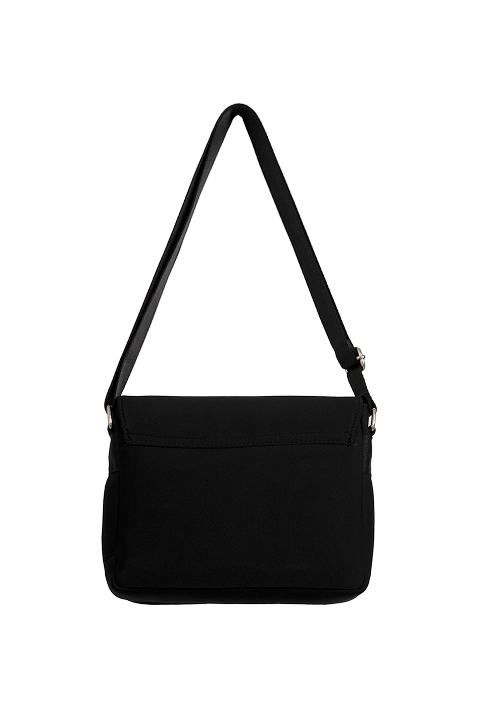 The 6PM NEOPRENE BAG BLACK is a rectangular shoulder bag with a single wide strap and flap closure, shown against a white background.