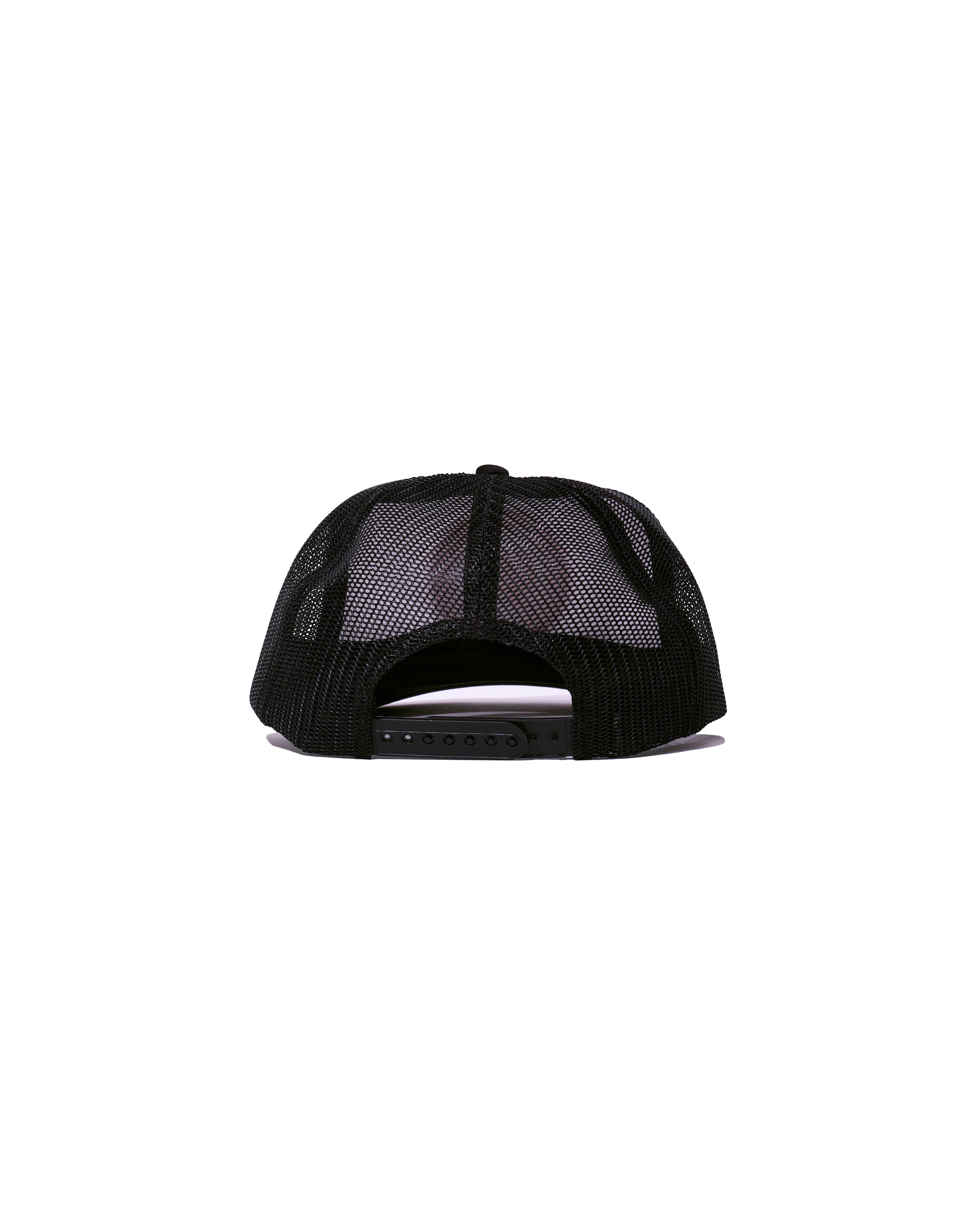 The 6PM NACHT AP CAP BLACK is shown from the back, featuring an adjustable snapback closure and semi-transparent black mesh panels.