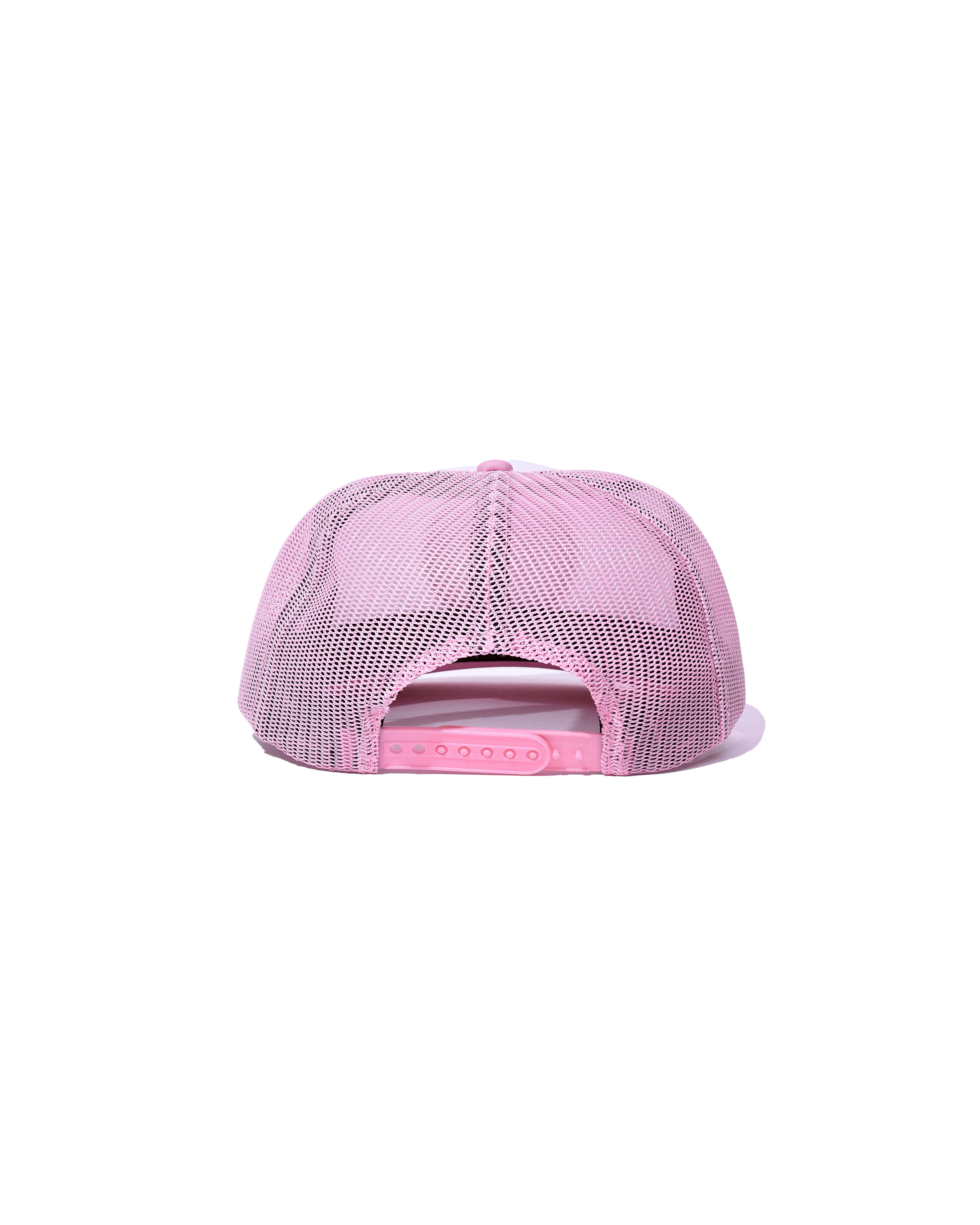 The NACHT AP CAP PINK by 6PM is a pink mesh trucker hat with an adjustable snapback closure, shown from the back against a white background.