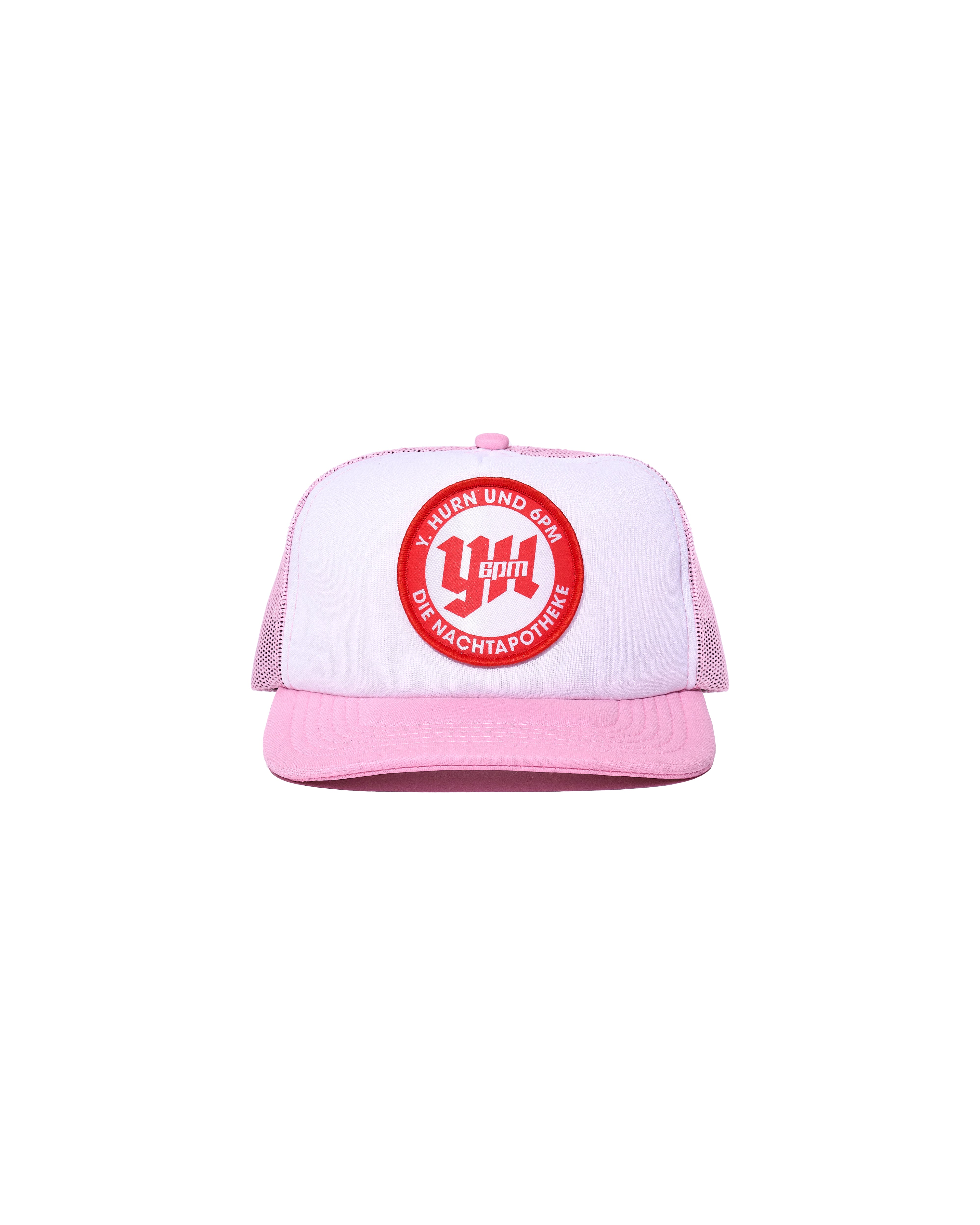 The NACHT AP CAP PINK by 6PM is a pink and white trucker hat featuring a red and white circular front logo with the text "1. FCN" and "KLUB UND SÖHN DIE MACHT AM OHR.
