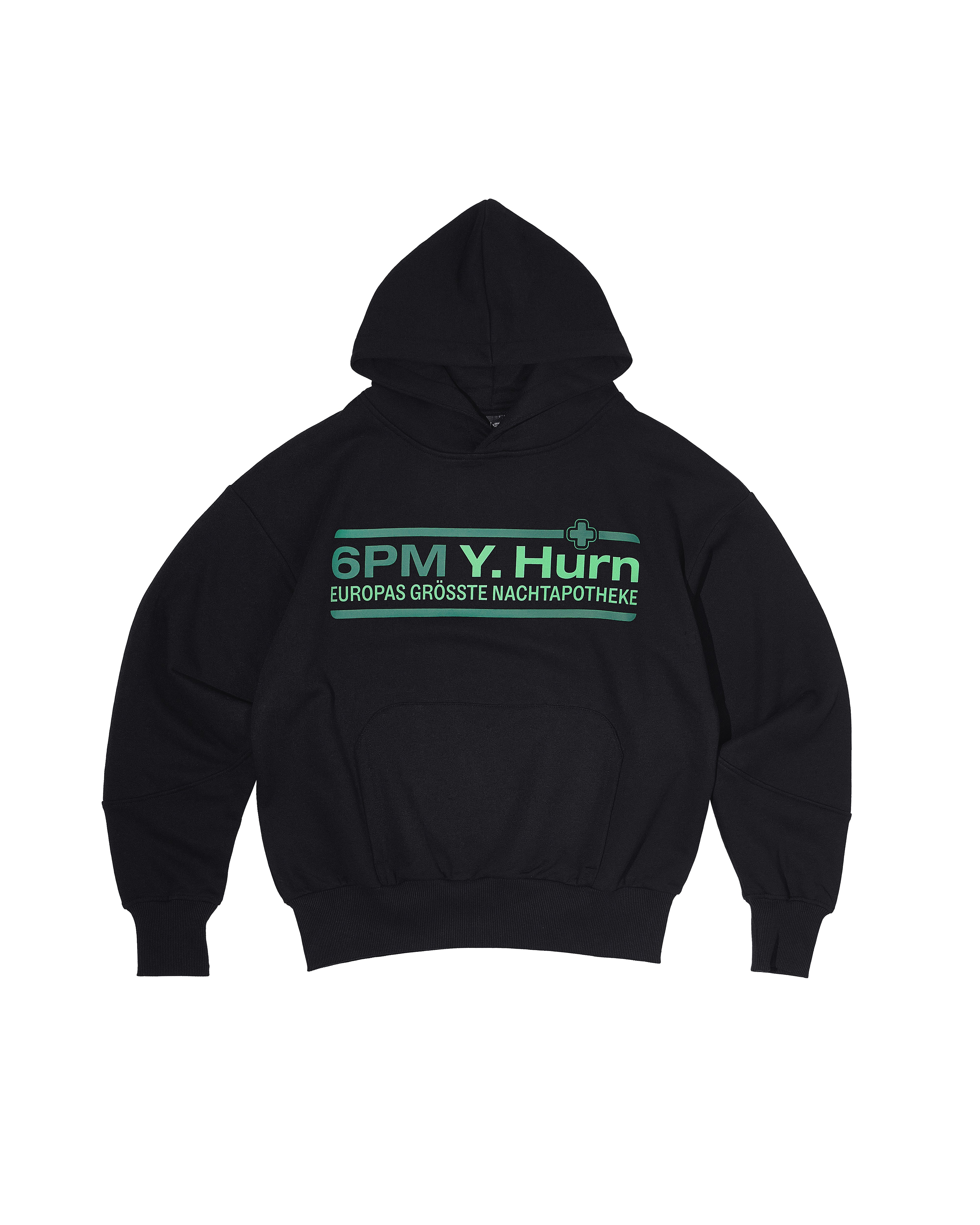 The OG PARACETAMOL HOODIE BLACK by 6PM is a black hoodie featuring green and white "6PM Y. Hurn EUROPAS GRÖSSTE NACHTAPOTHEKE" text and a small cross symbol on the right front.