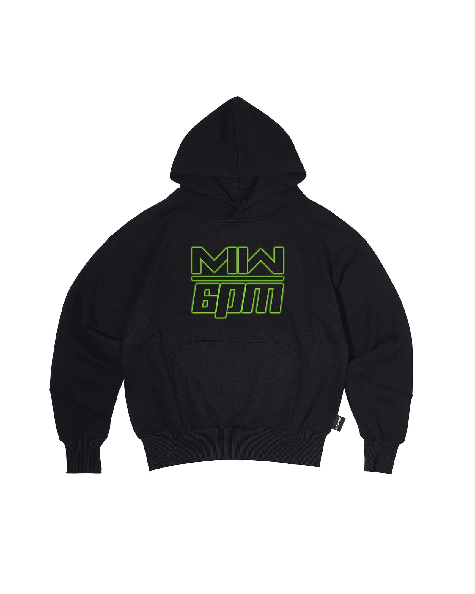 The LOGO HOODIE BLACK by 6PM is a black hoodie with neon green “MW 6PM” text on the front, featuring a front pocket plus ribbed cuffs and hem.